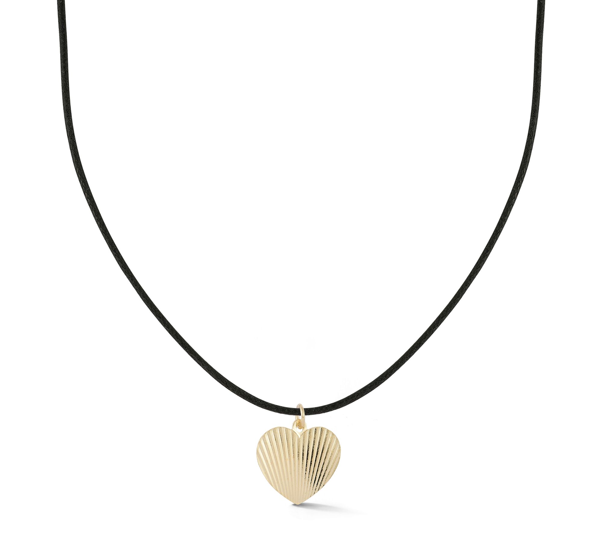 Italian Gold Texture Heart Pendant w/ Black Cord Chain, 14K