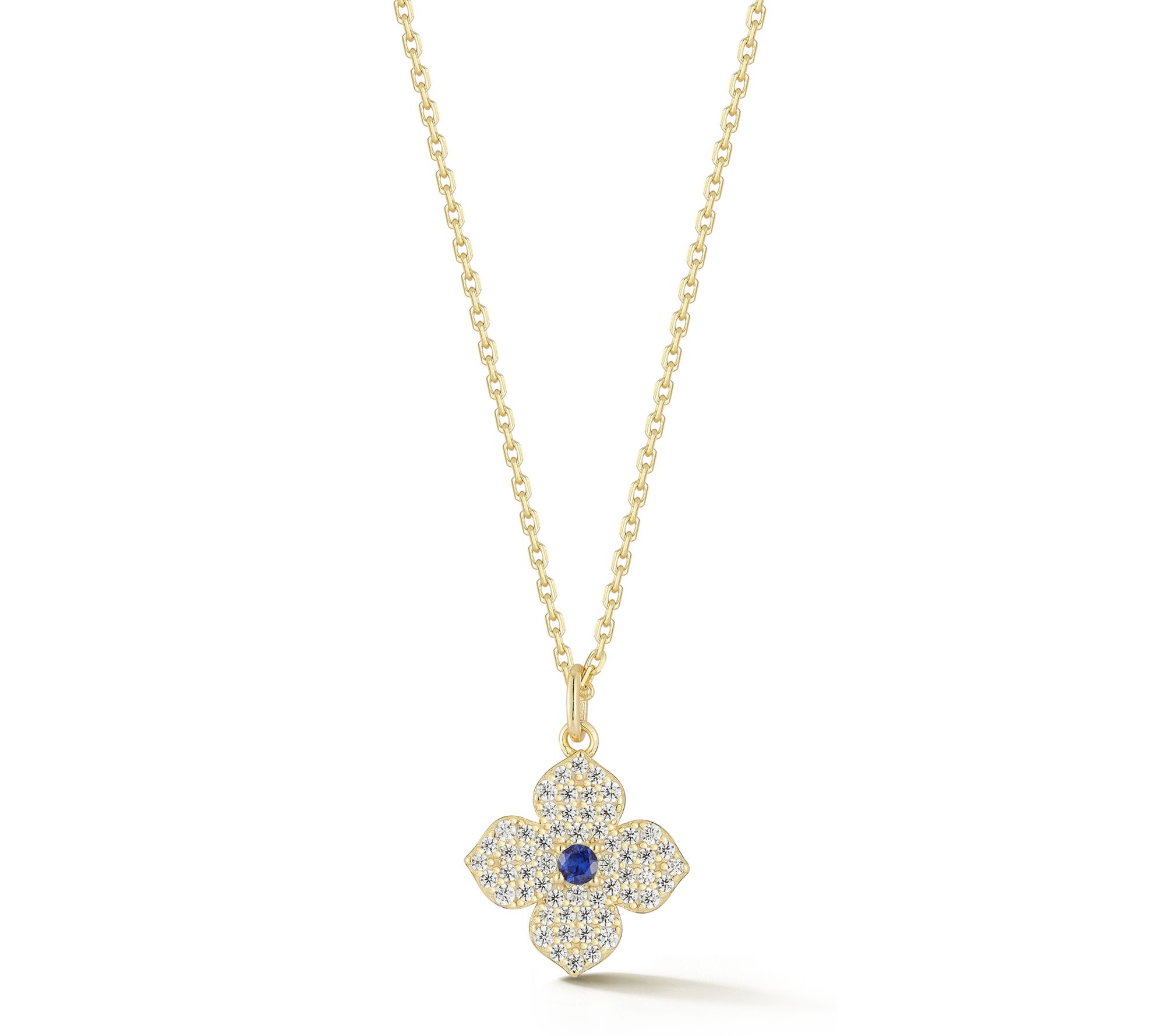 Sterlina Silver Pave Flower Pendant w/Chain, 14K Gold Plated