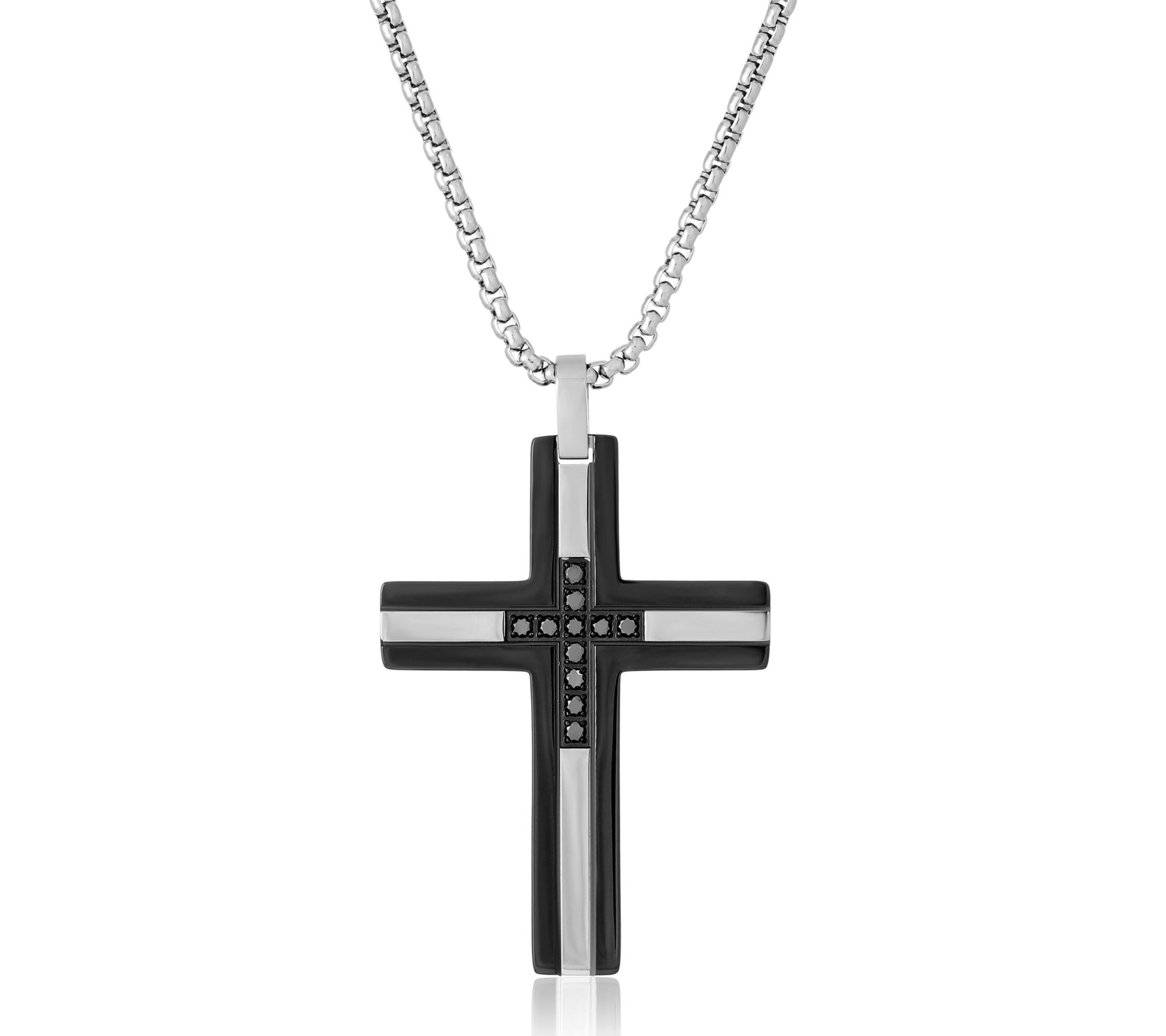 LYNX Men's Stainless Steel Black Diamond Cross Pendant w/ Chain
