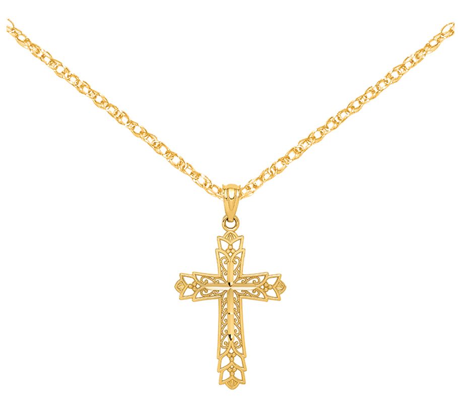 14k Gold Filigree Cross Pendant With Chain