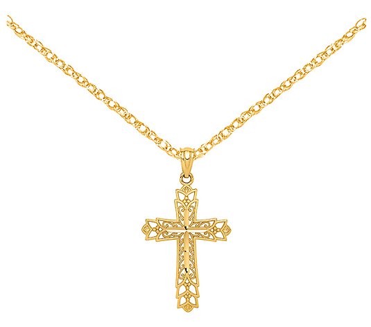 FB Jewels Solid 14K Yellow Gold Diamond-Cut Polished Filigree Cross Pendant