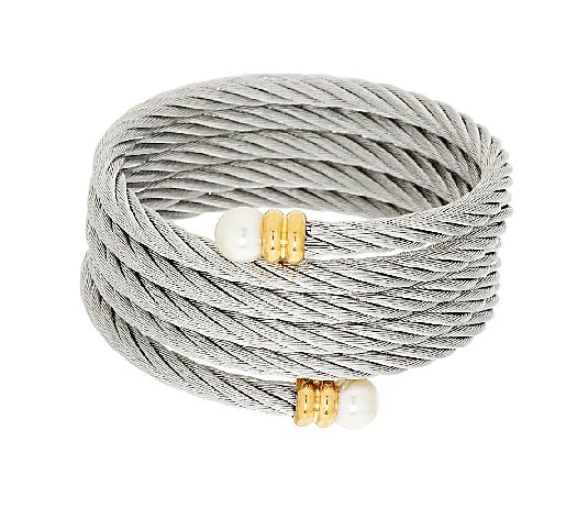 Stainless Steel Multi-Wrap Cable Bracelet w/Simulated Endcaps