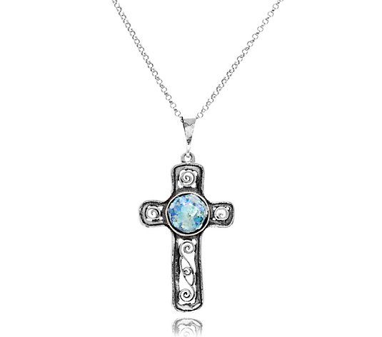 Or Paz Sterling Silver Roman Glass Cross Pendant w/ Chain
