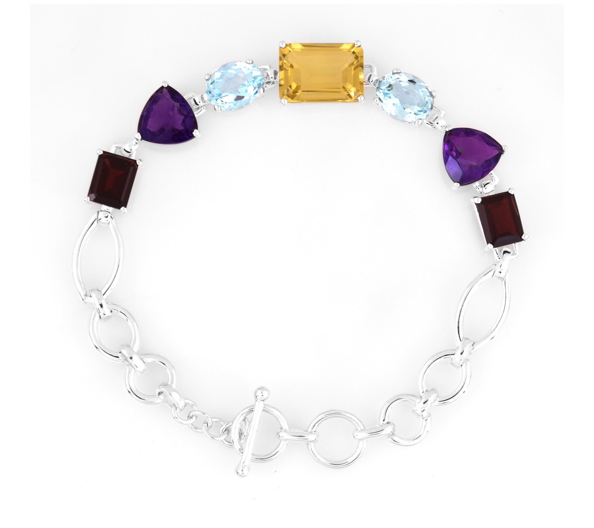 Sterling Silver Multigem Link Bracelet with Garnet Amethyst