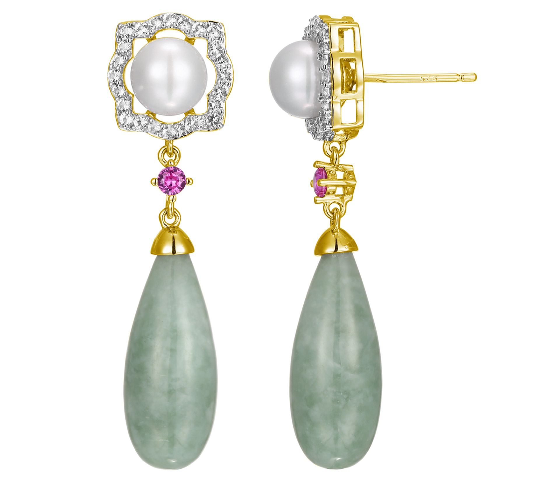 18K Gold Plated Cultured Pearl & Gemstone Teardrop Earrings
