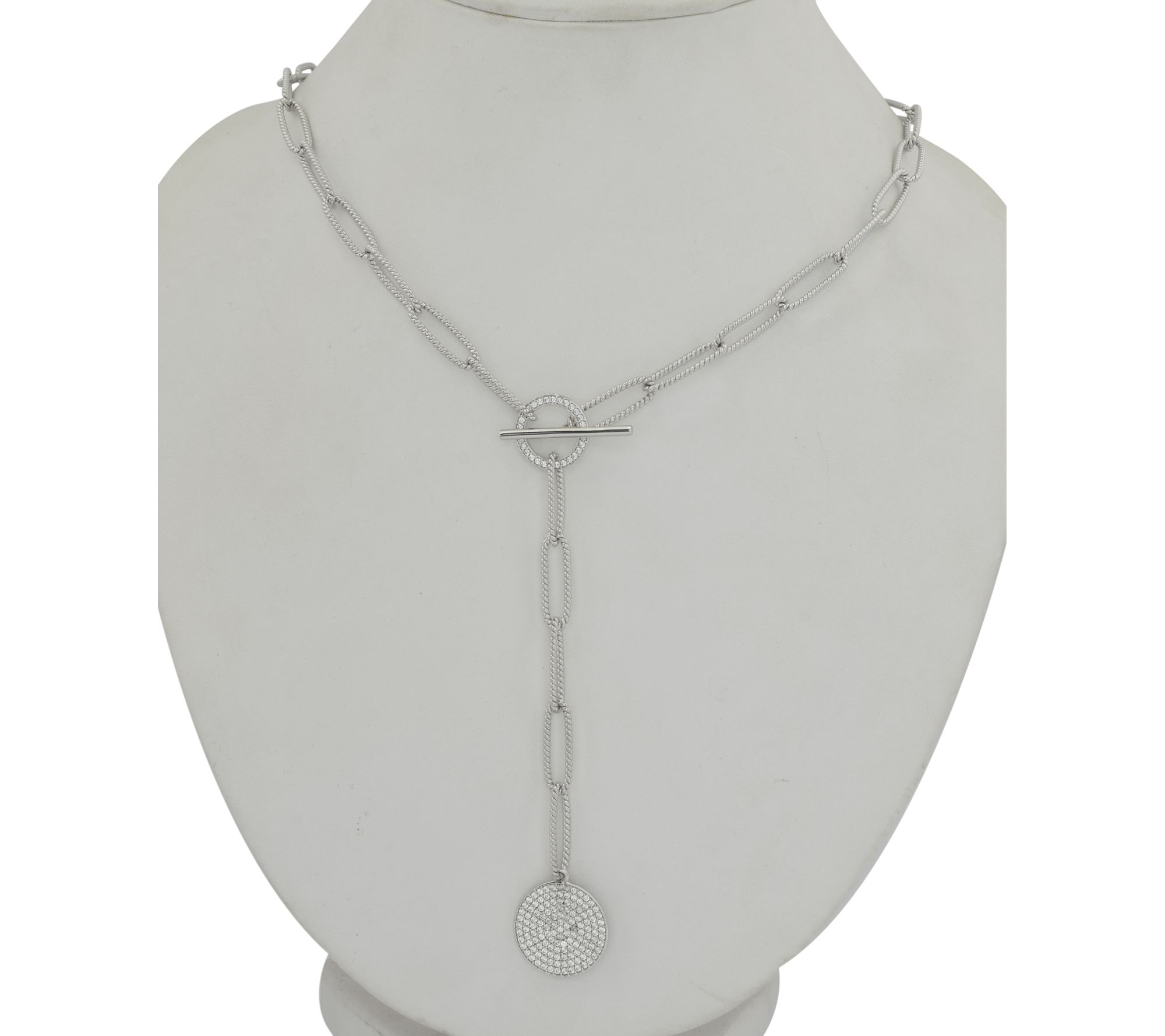 Diamonique Pave Paperclip Link Lariat Necklace,Sterling