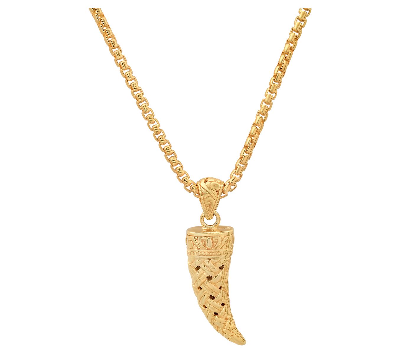 Silver Style Men's Horn Pendant w/ Chain, 14K Gold Plated