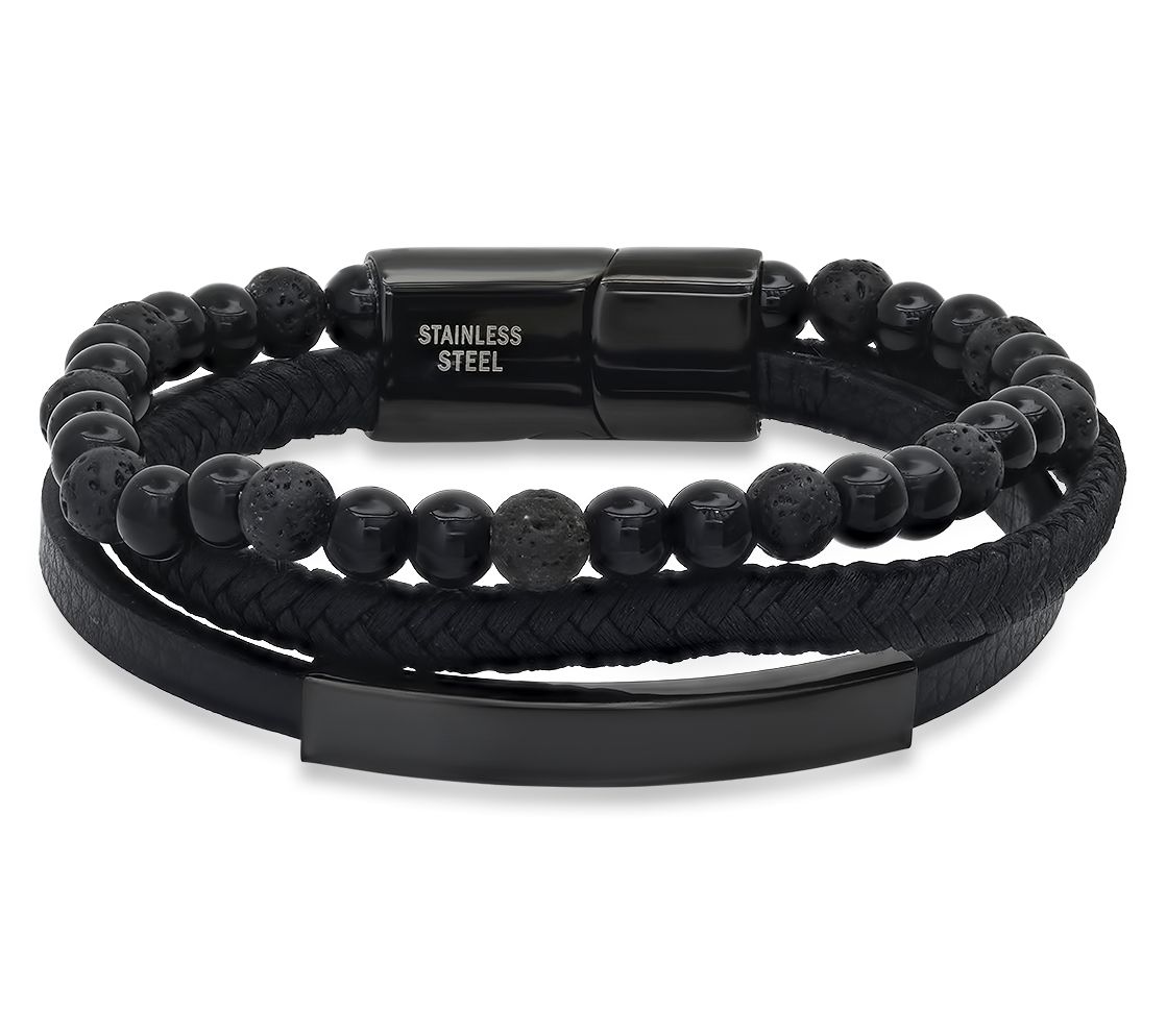 Steel By Design Men's Black Beaded Layered Leather Bracelet