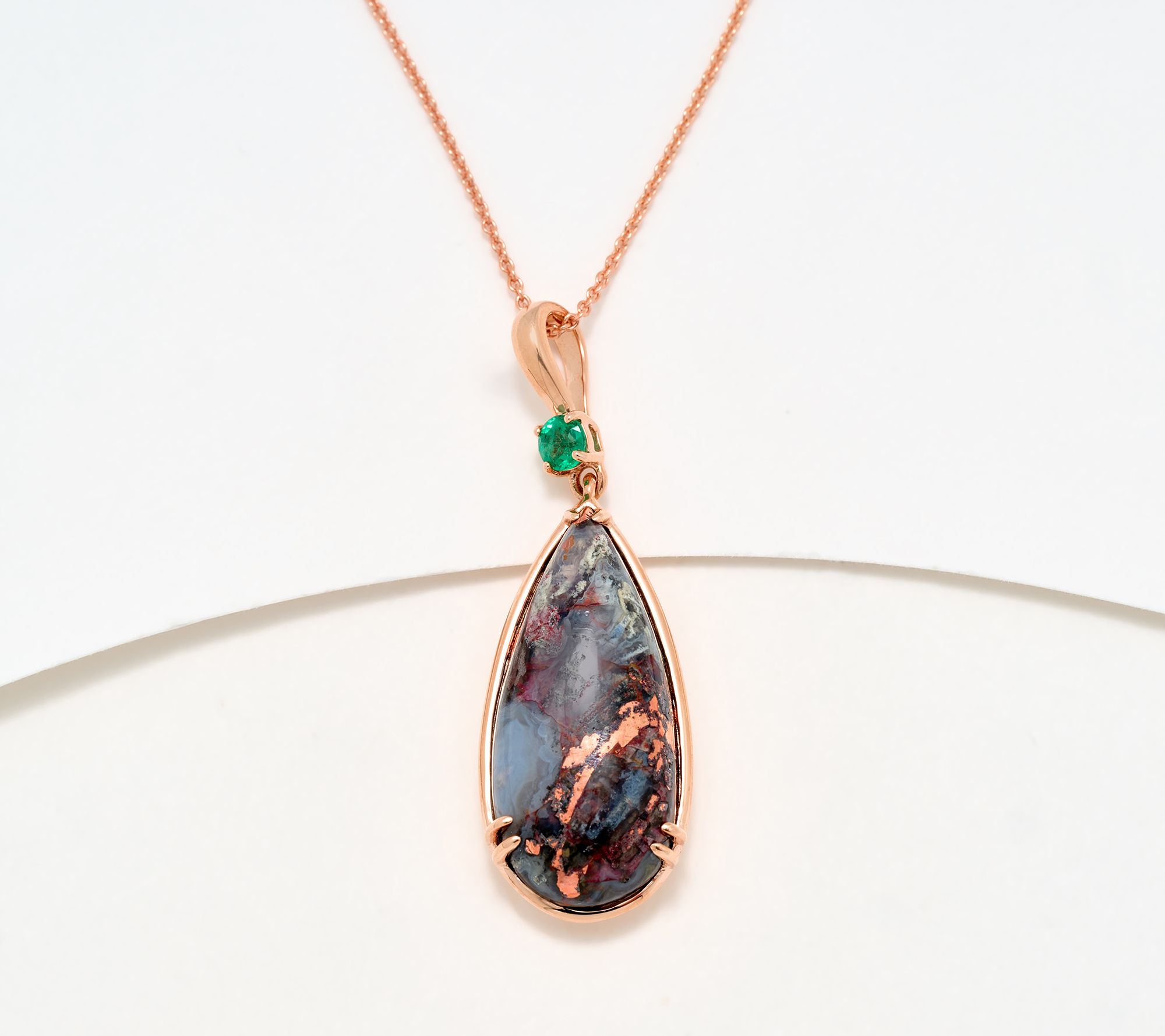 Gem Discoverer 8.5ct Pear Aquadite & Emerald Pendant 14K Rose Gold