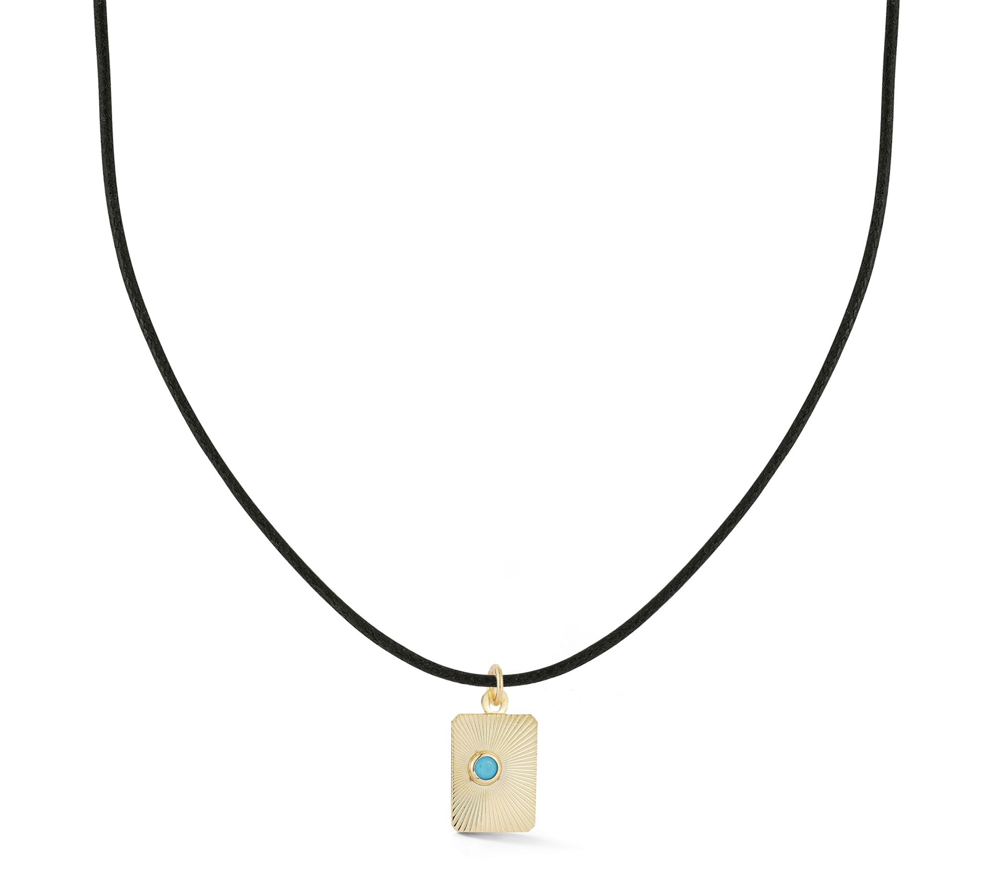 Italian Gold Turquoise Accent Tag Pendant w/ Black Cord, 14K