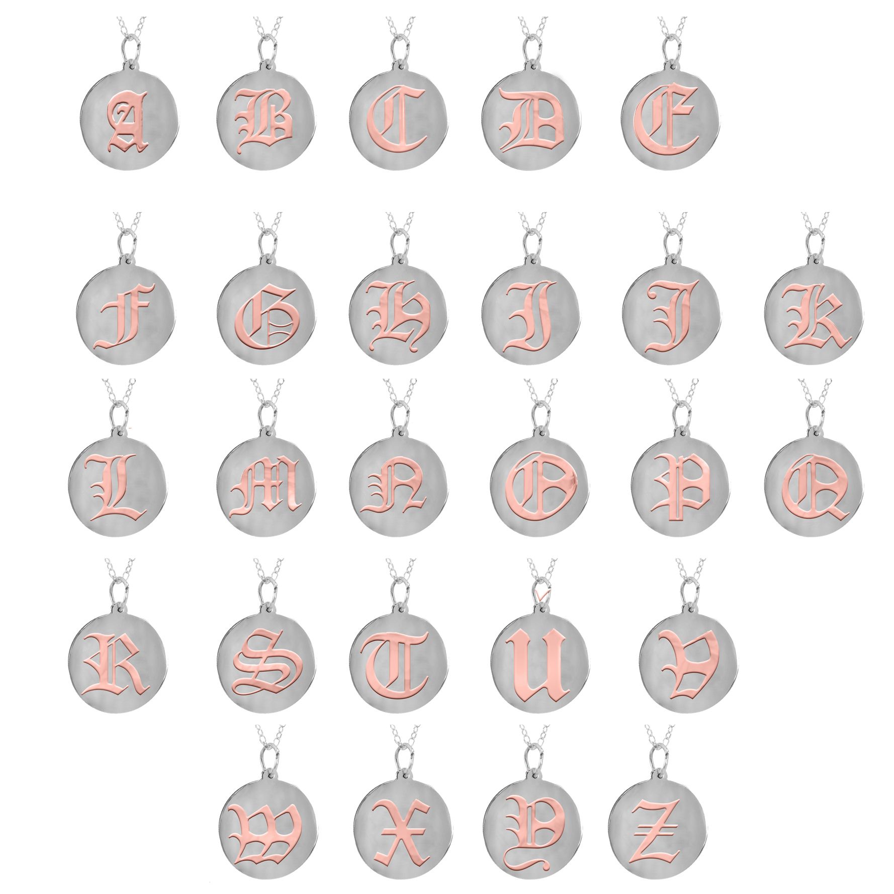 Sterling & 14K Rose Gold Gothic Initial Pendantw/ Chain