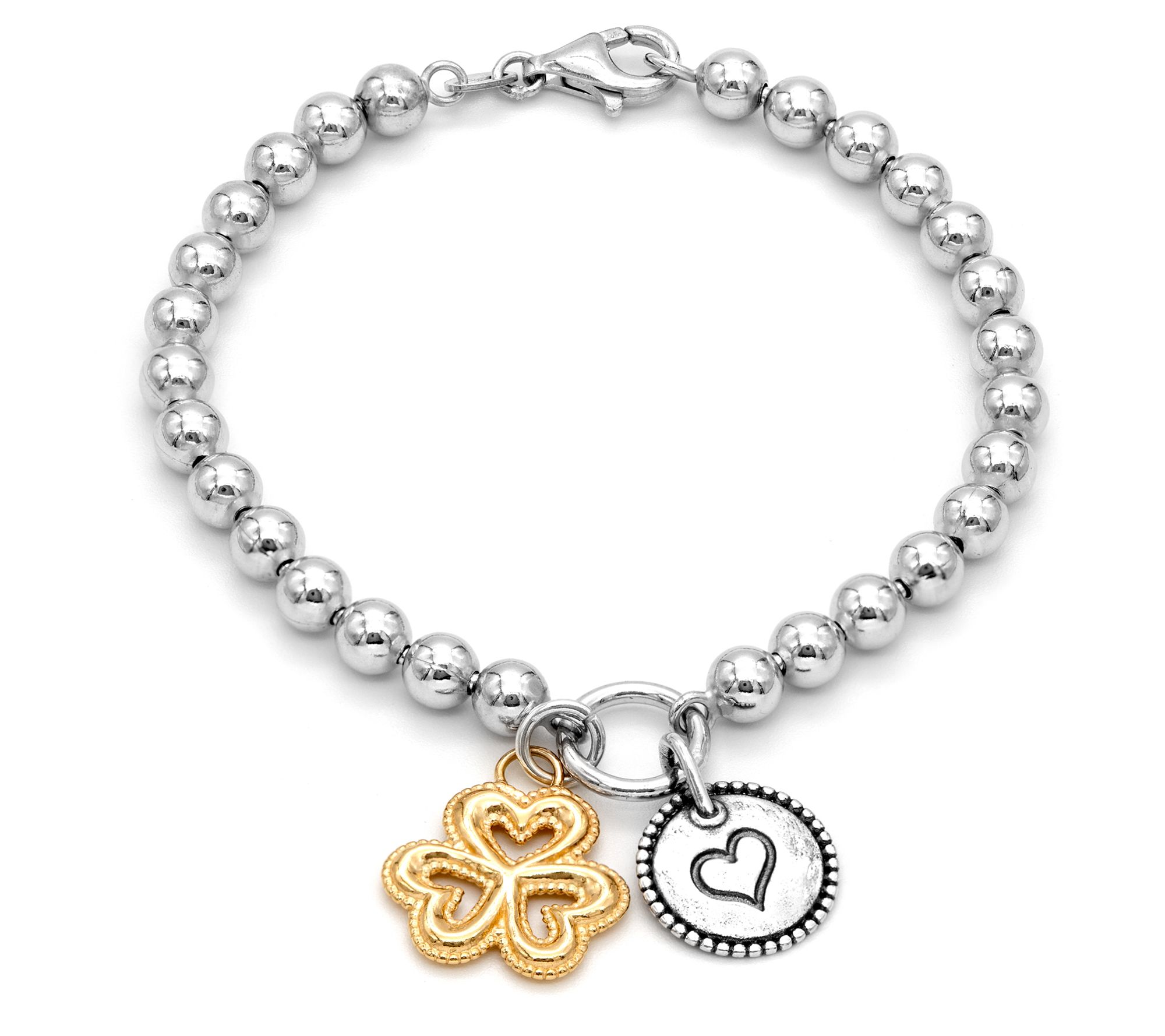 Or Paz Sterling Silver Beaded Clover & Heart Charm Bracelet