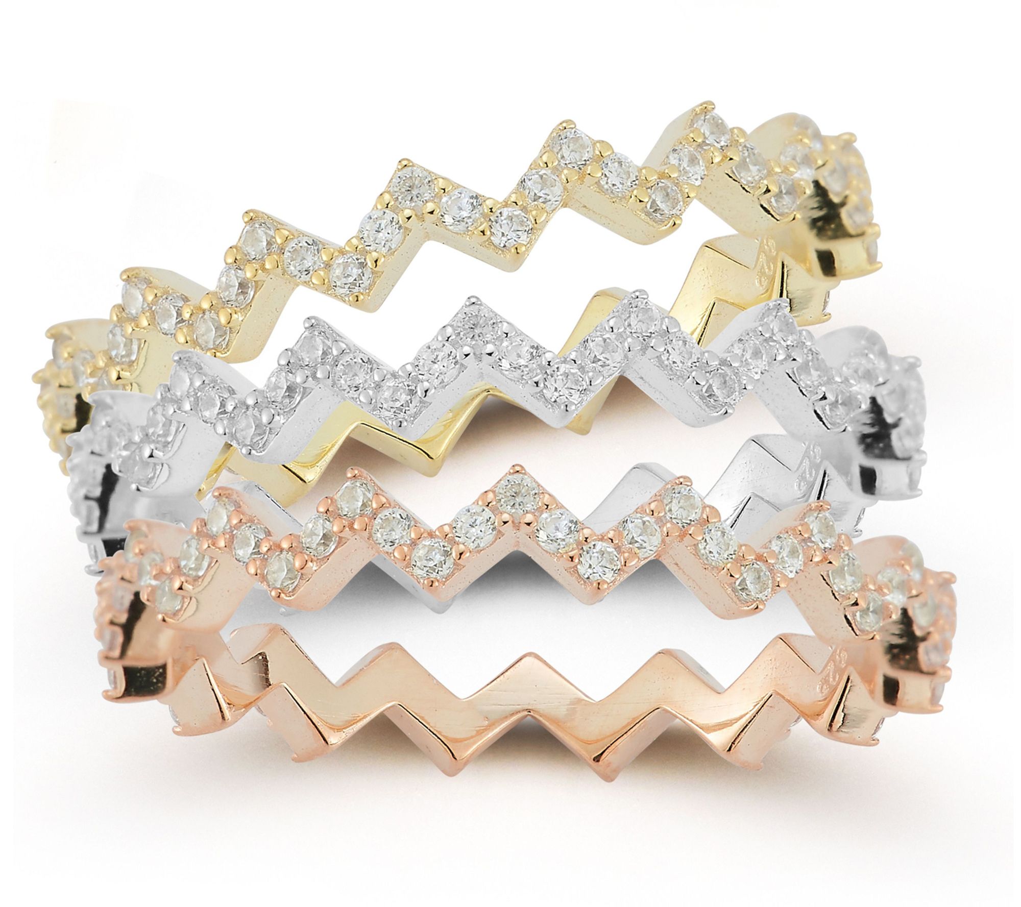 Sterlina Silver Tri-Color Pave Zig Zag Ring Set, Sterling
