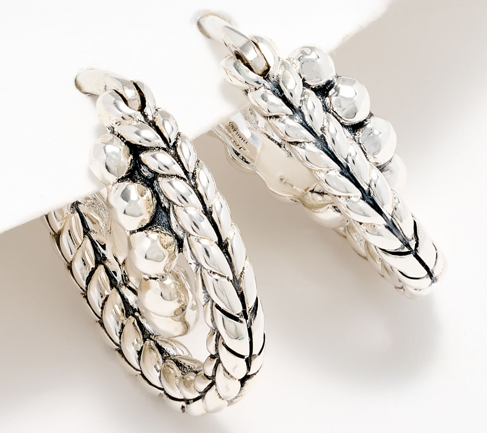 JAI Sterling Silver Hammered Bead & Basketweave 1/2" Hoops