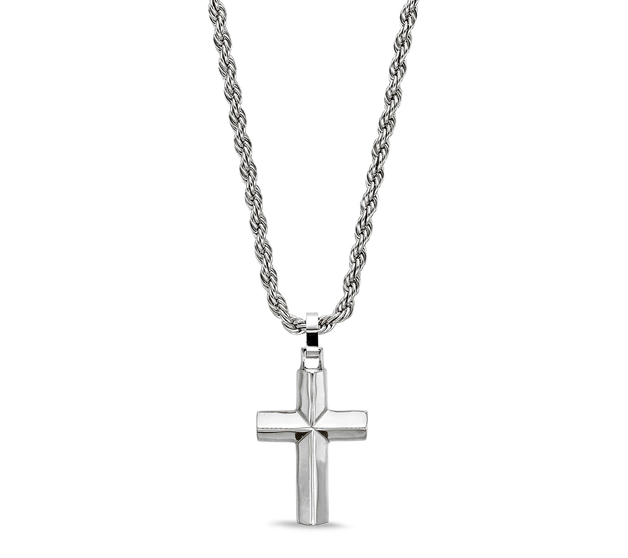 LYNX Men's Cross Stainless Steel Necklace on Rope Chain 22"