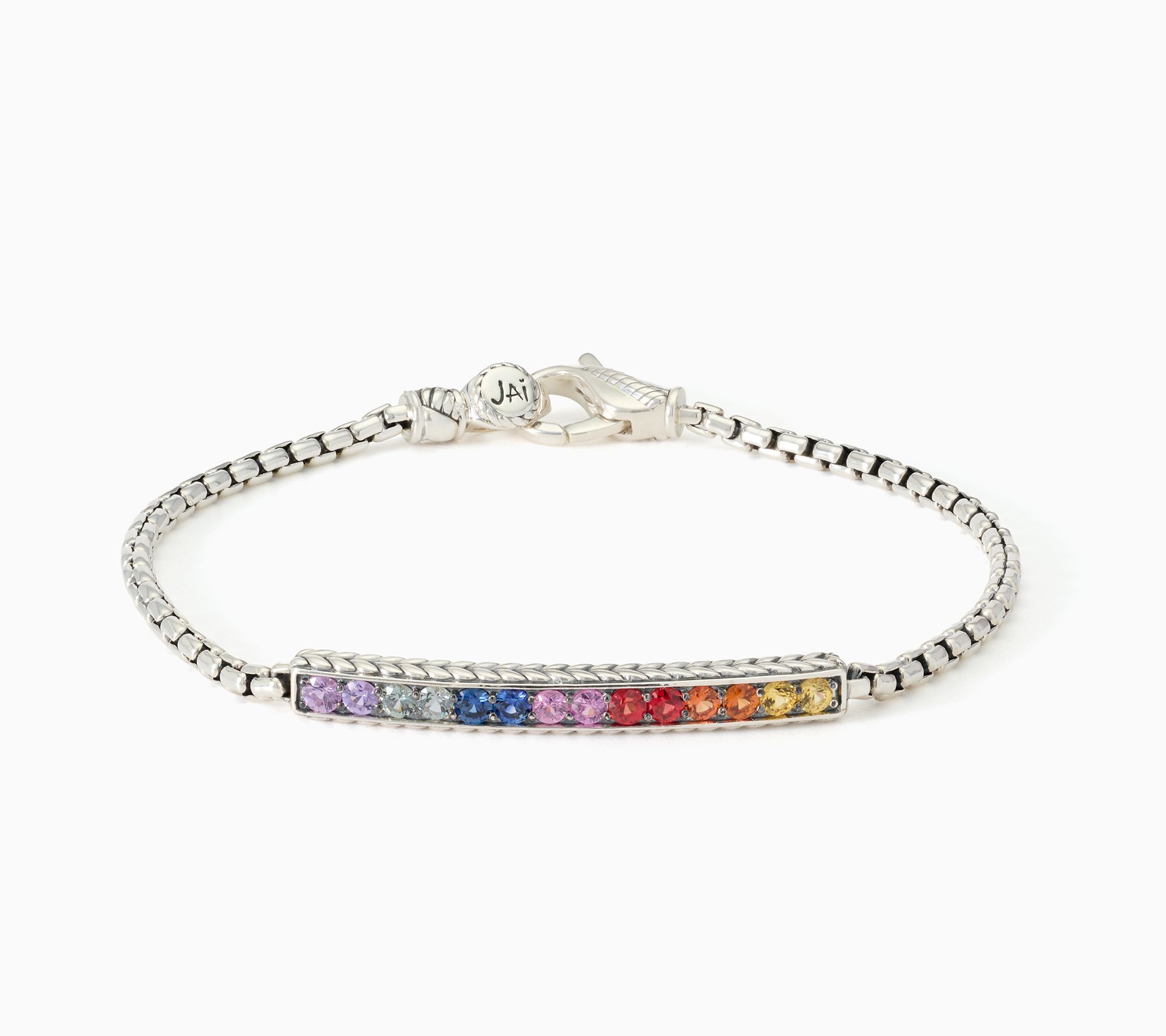 JAI Sterling Silver Multi Sapphire 2.7mm Box Chain Bracelet, 9.2g
