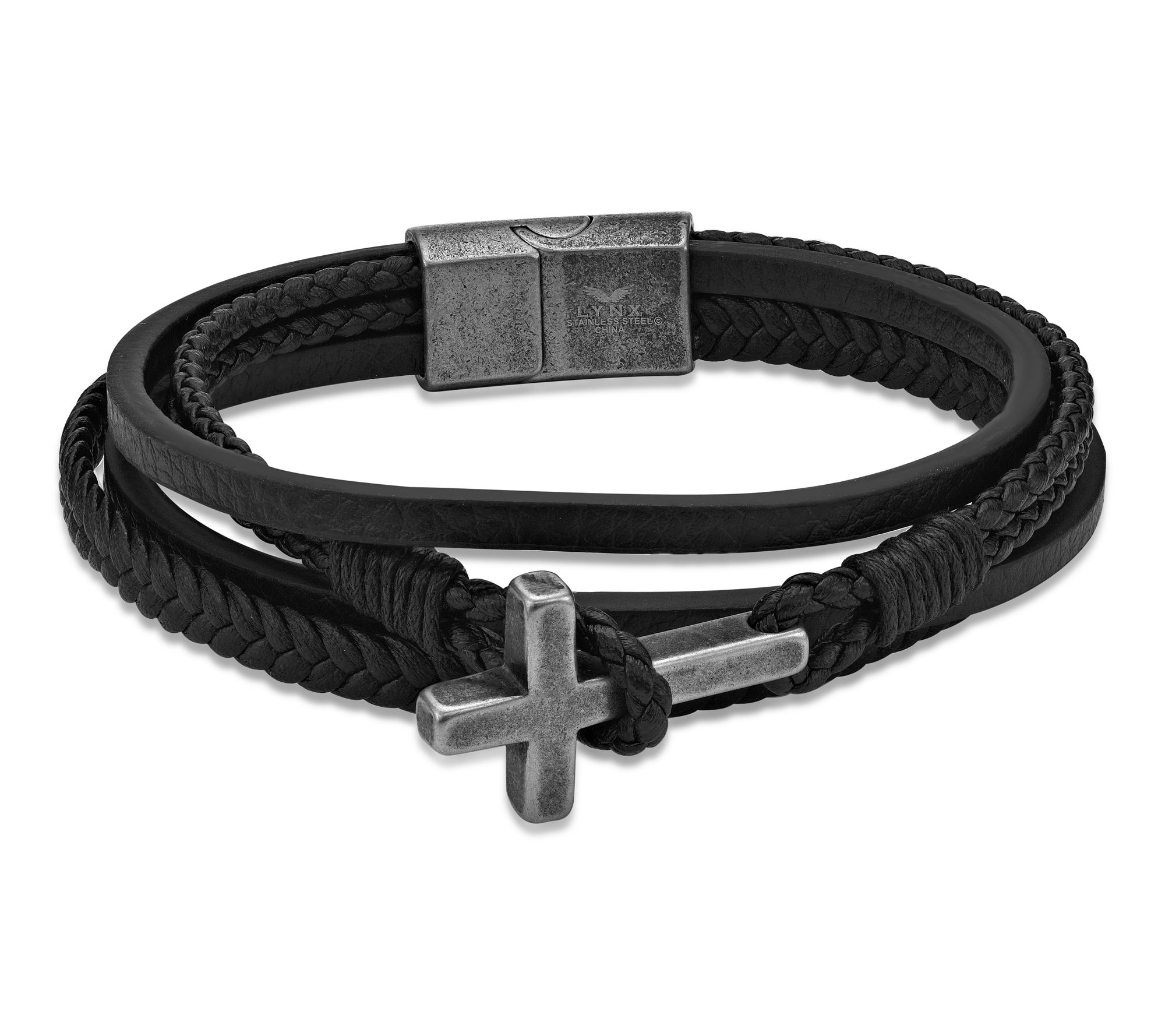 LYNX Men's Antiqued Stainless Steel & Leather Cross Bracelet