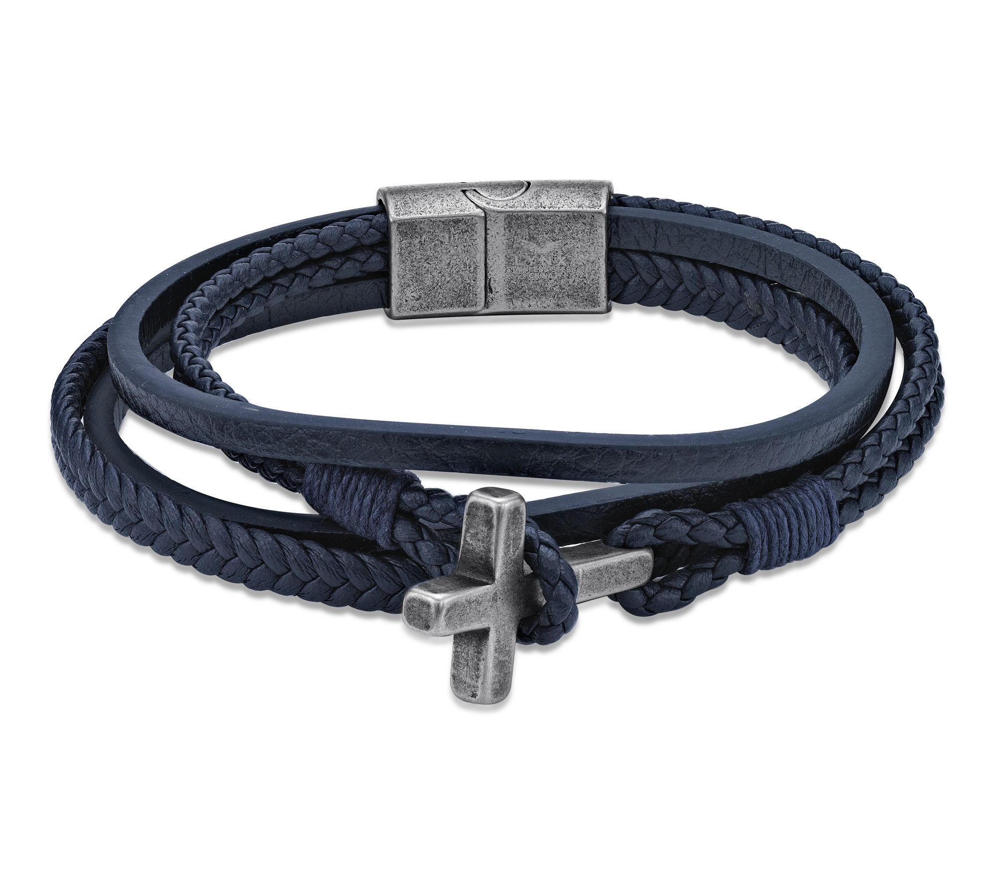 LYNX Men's Antiqued Stainless Steel & Leather Cross Bracelet