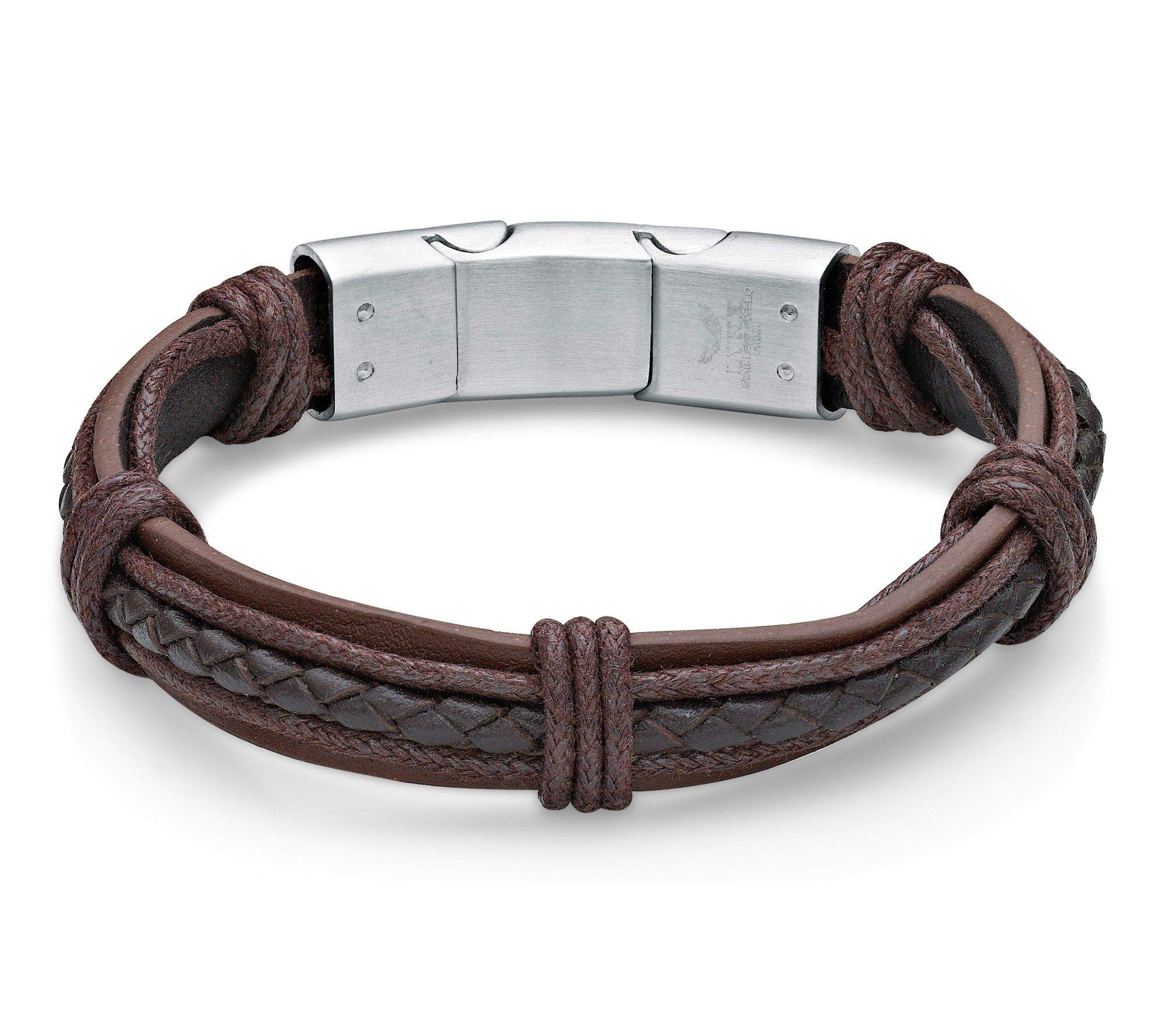 LYNX Men's Stainless Steel Braided Brown Leather Bracelet
