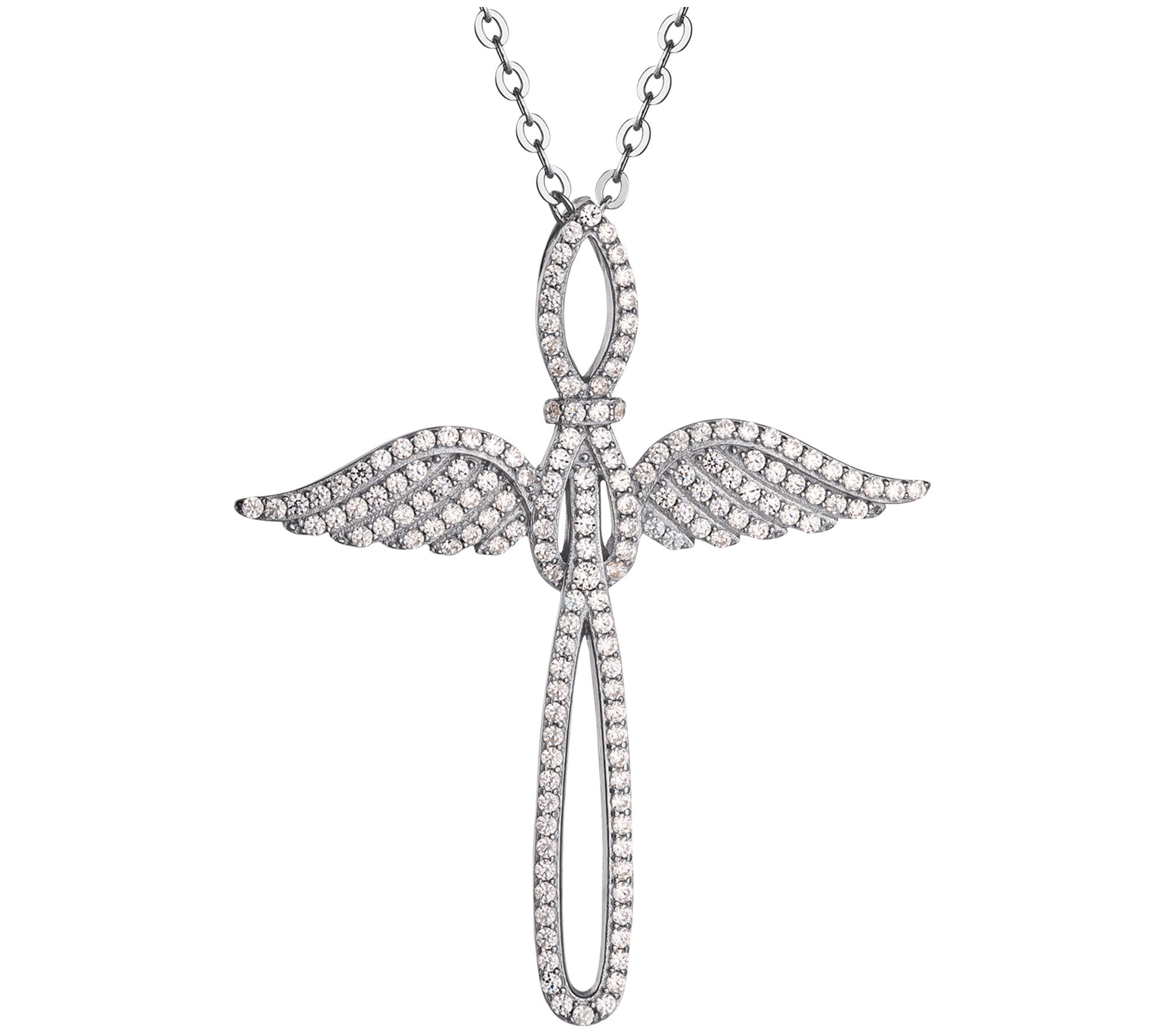 Diamonique Angel Wing Cross Pendant w Chain Sterling Silver