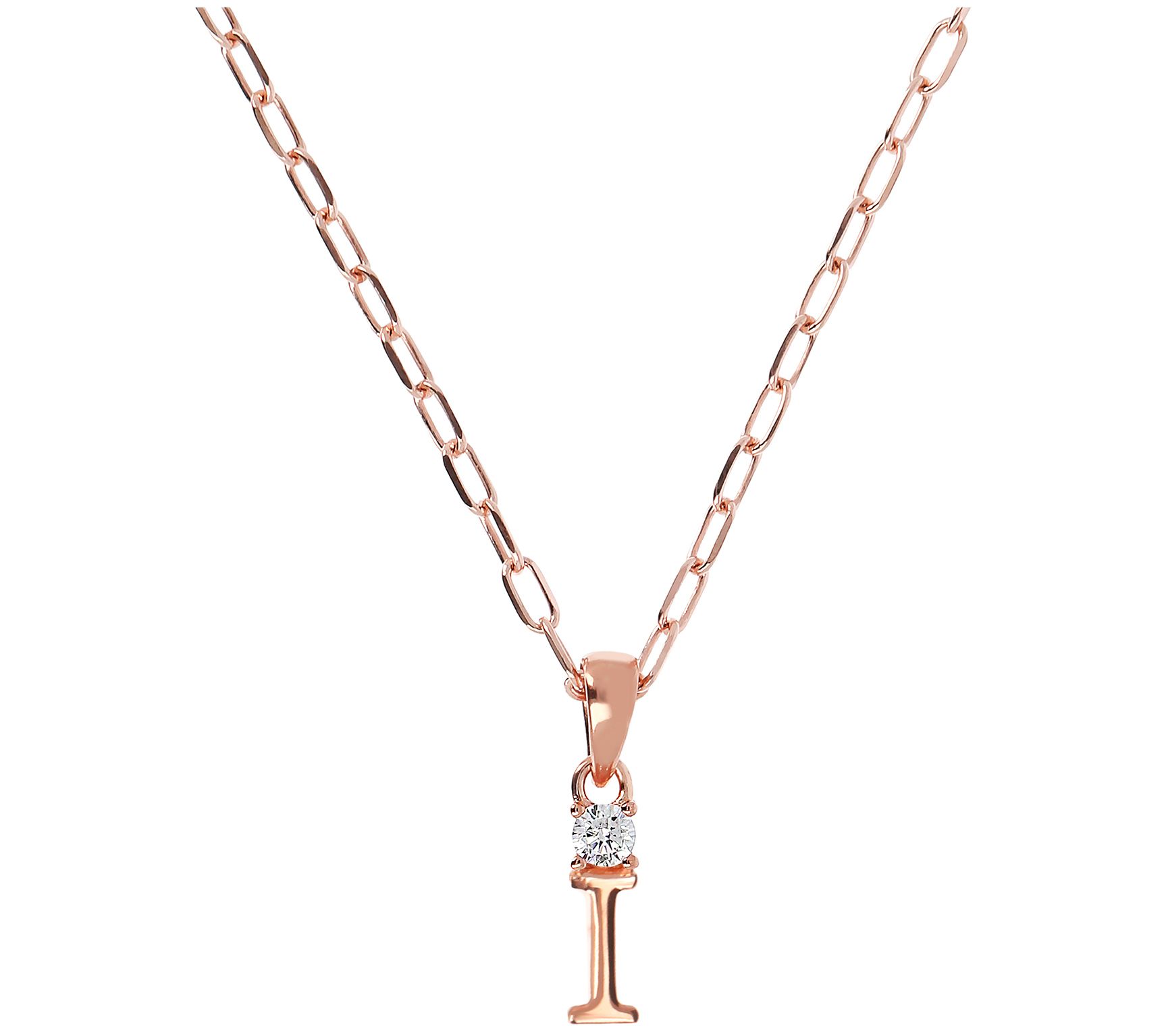 Diamonique Initial w/ Paperclip Chain, 14K R ose Gold Clad