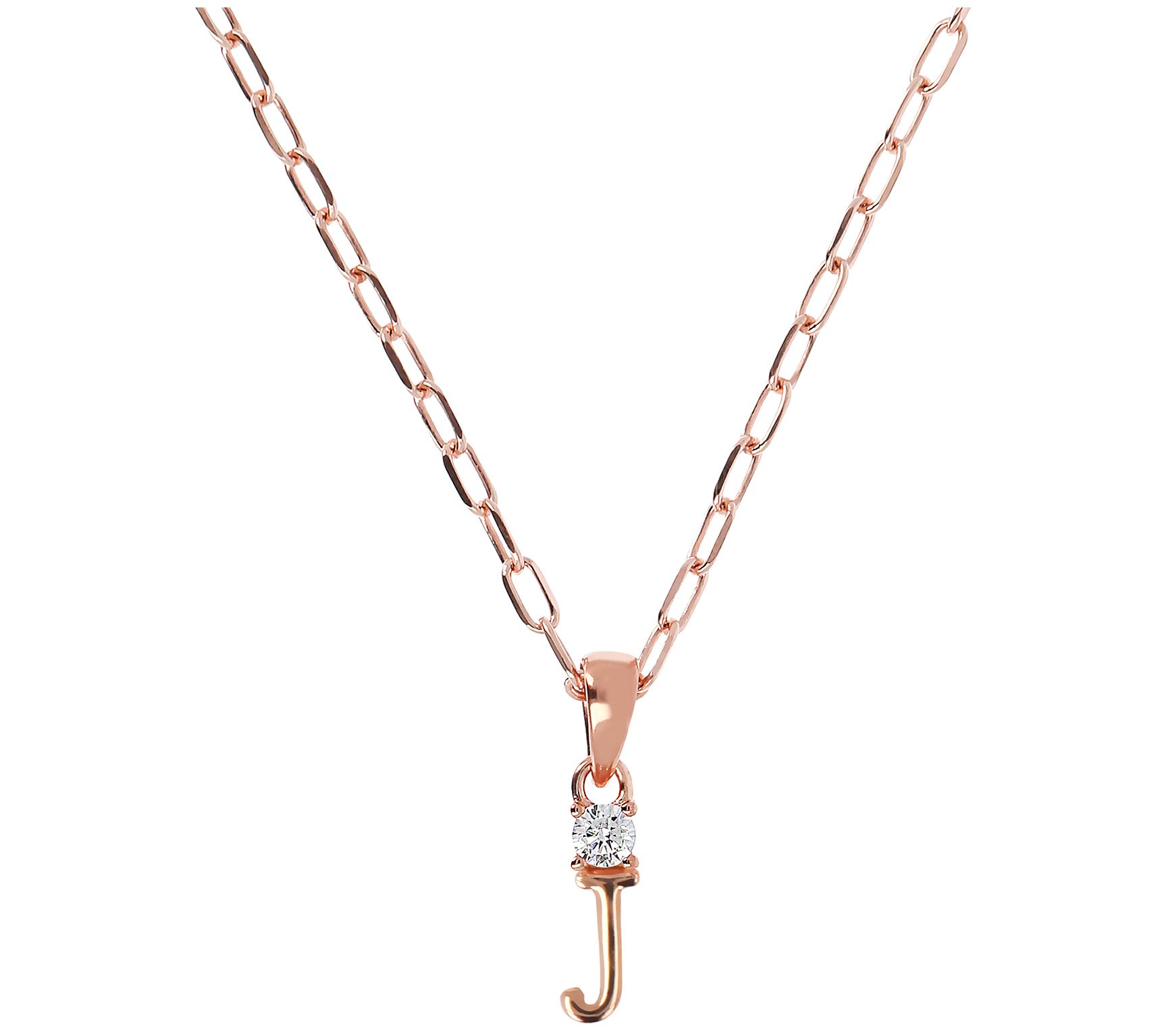 Diamonique Initial w/ Paperclip Chain, 14K R ose Gold Clad