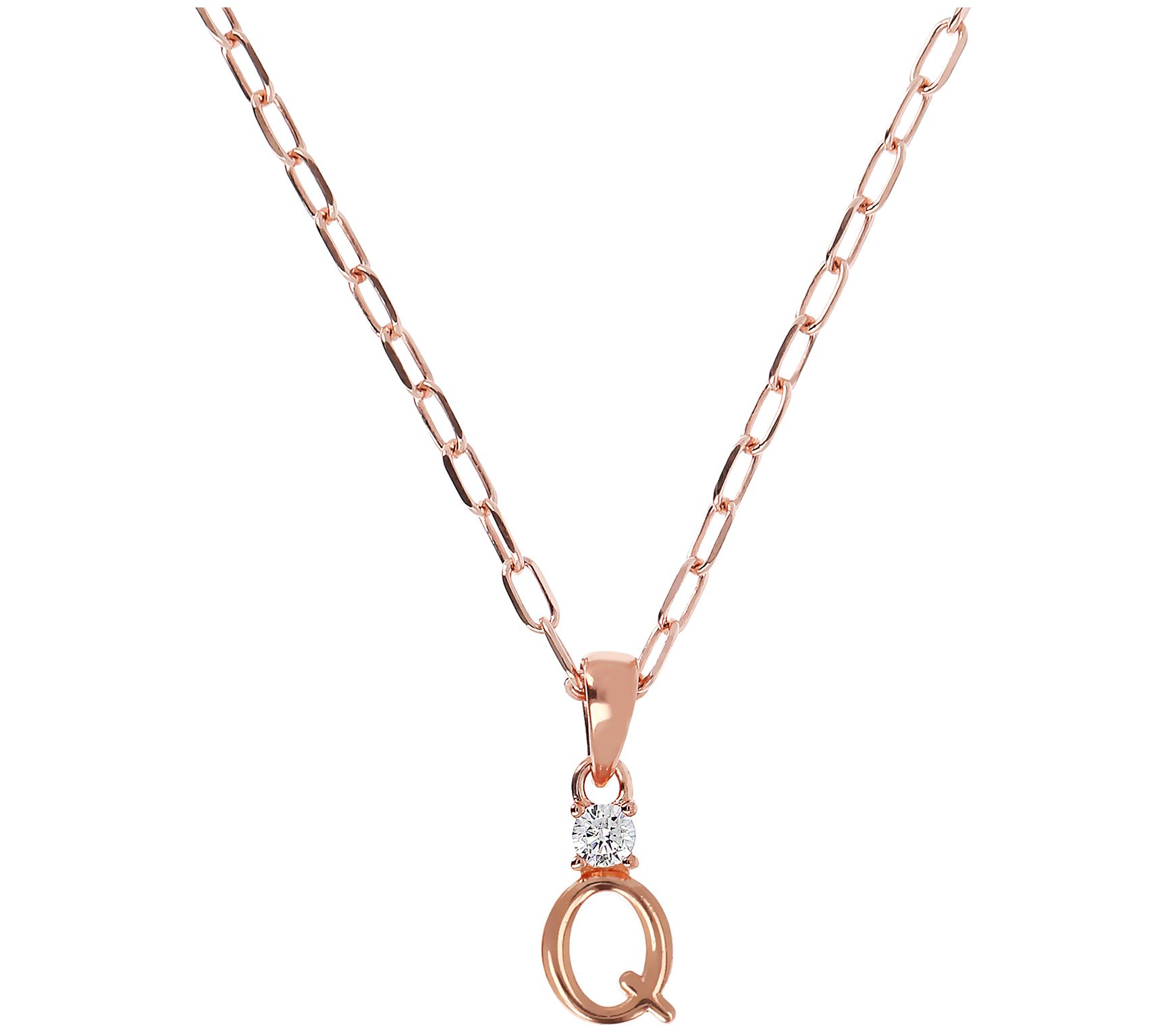 Diamonique Initial w/ Paperclip Chain, 14K R ose Gold Clad