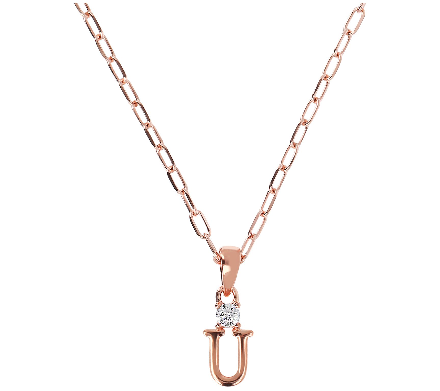 Diamonique Initial w/ Paperclip Chain, 14K R ose Gold Clad