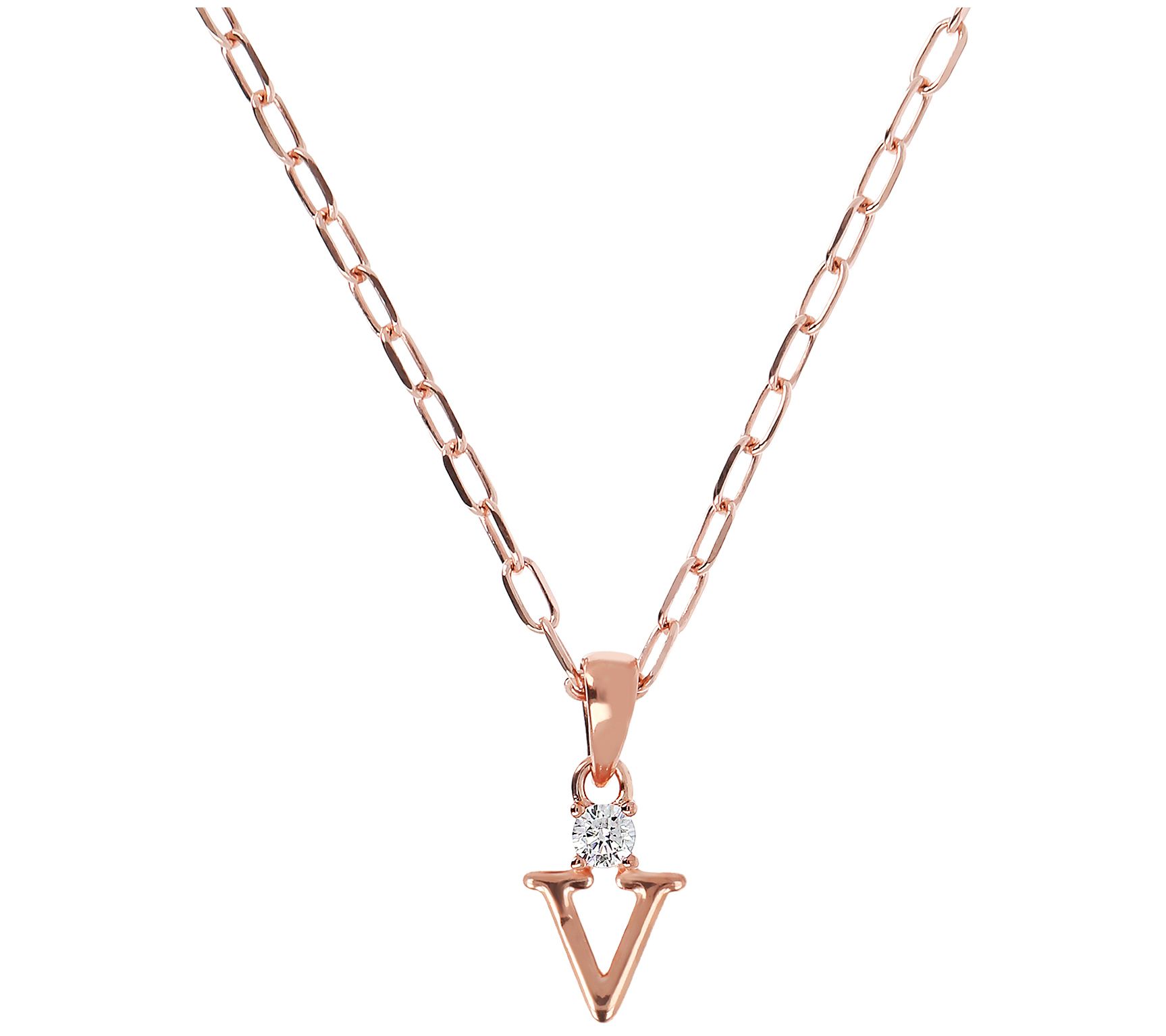 Diamonique Initial w/ Paperclip Chain, 14K R ose Gold Clad
