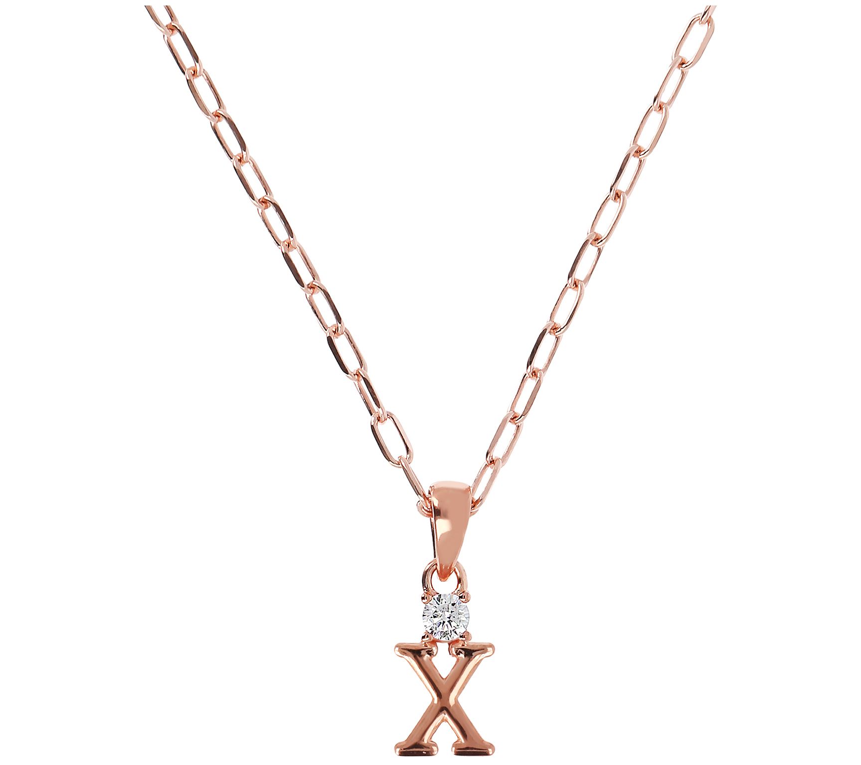 Diamonique Initial w/ Paperclip Chain, 14K R ose Gold Clad