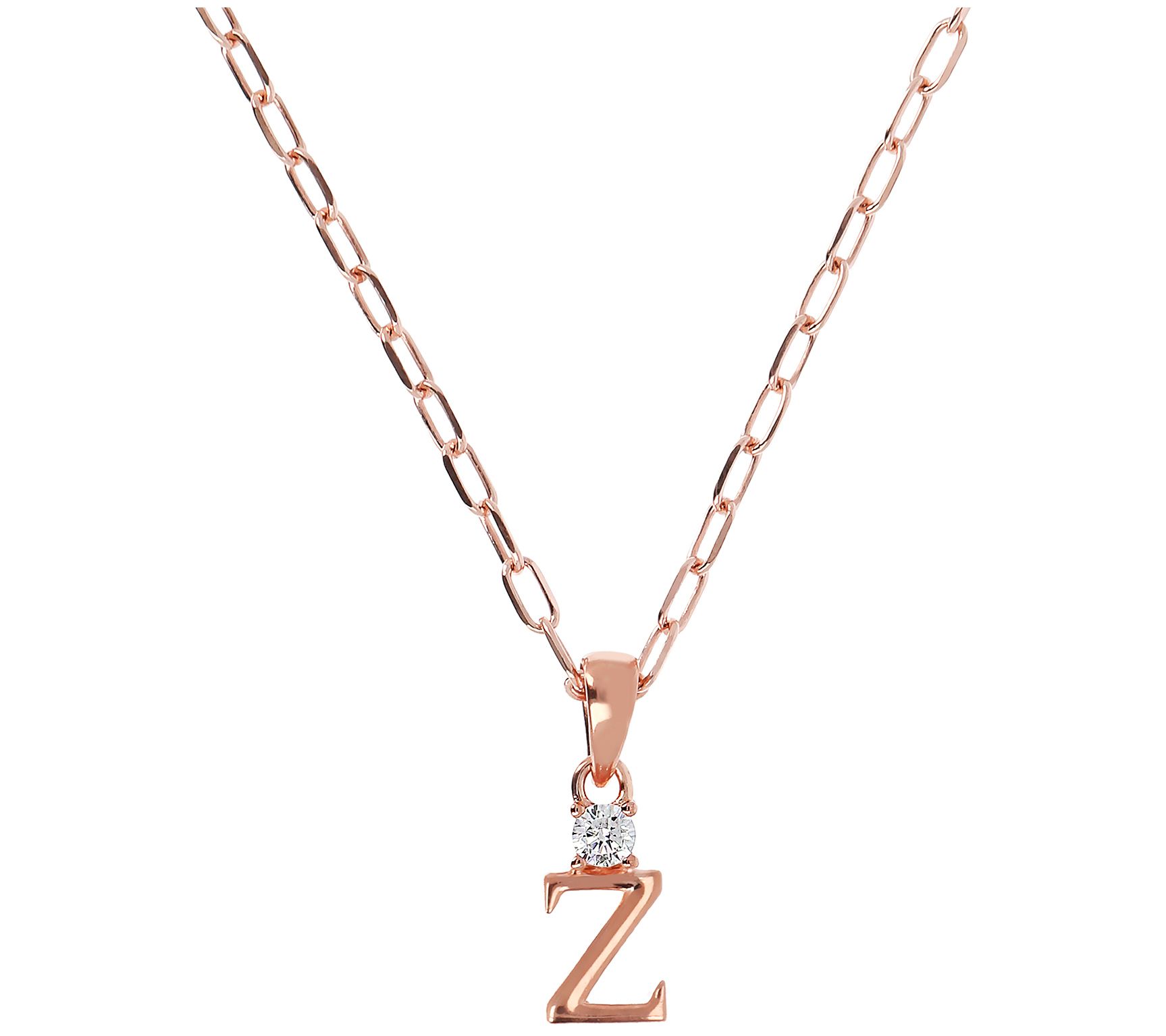 Diamonique Initial w/ Paperclip Chain, 14K R ose Gold Clad