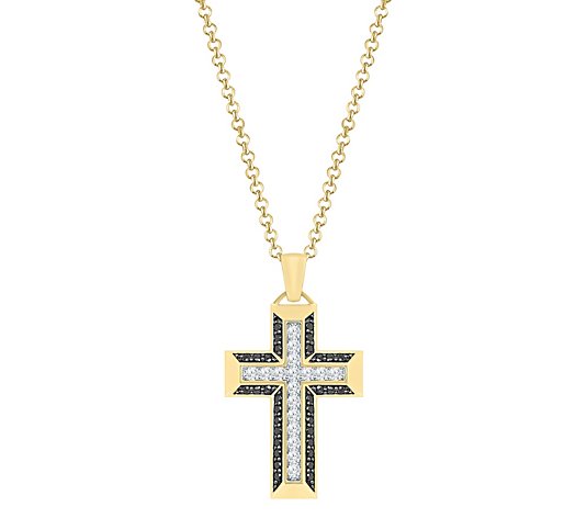 Men's Two-Tone Diamond Cross Pendant w/ Chain, 14K Plated