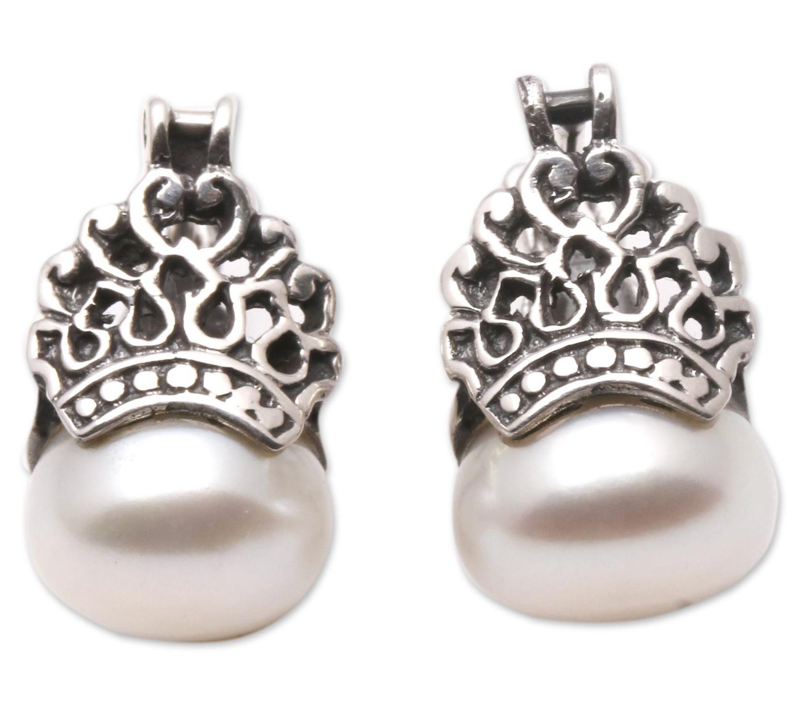 Novica Artisan-Crafted Sterling Cultured Pearl Crown Earrings