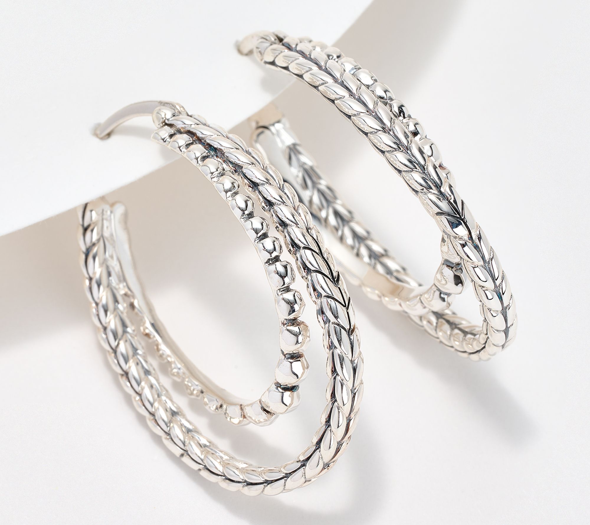 JAI Sterling Silver Hammered Bead & Basketweave 1" Hoops