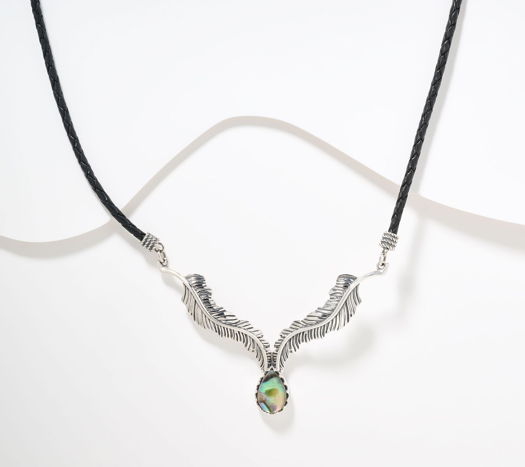 American West Sterl Feather Gemstone Leather Necklace