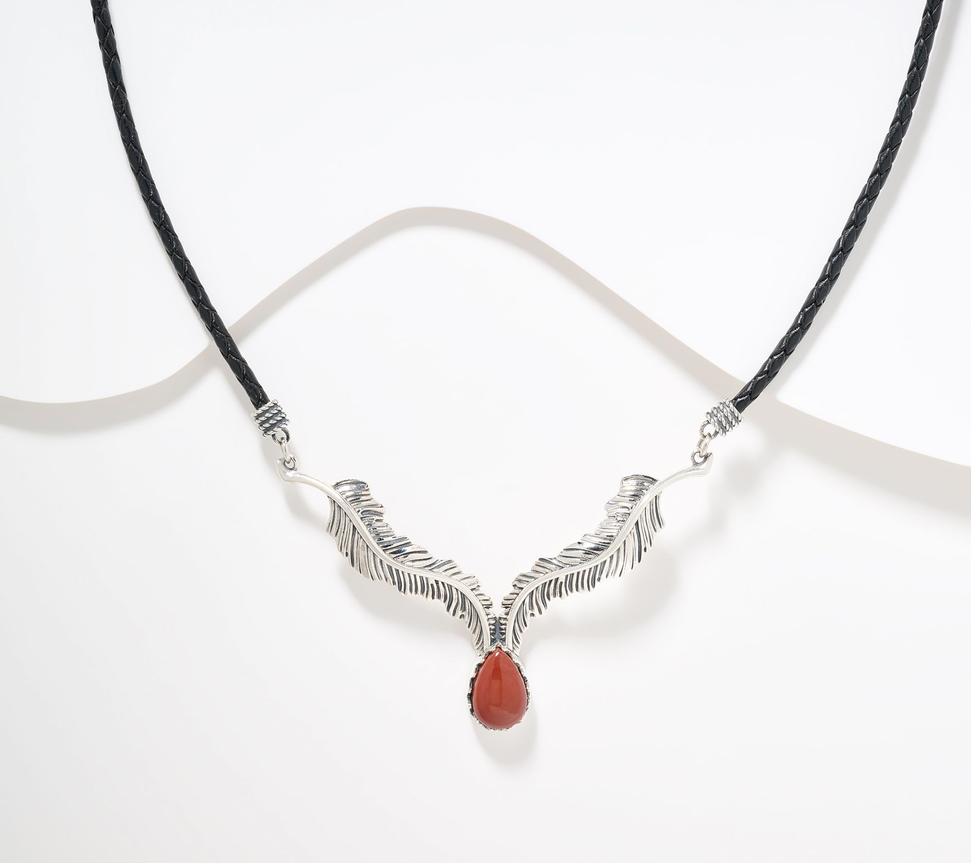 American West Sterl Feather Gemstone Leather Necklace