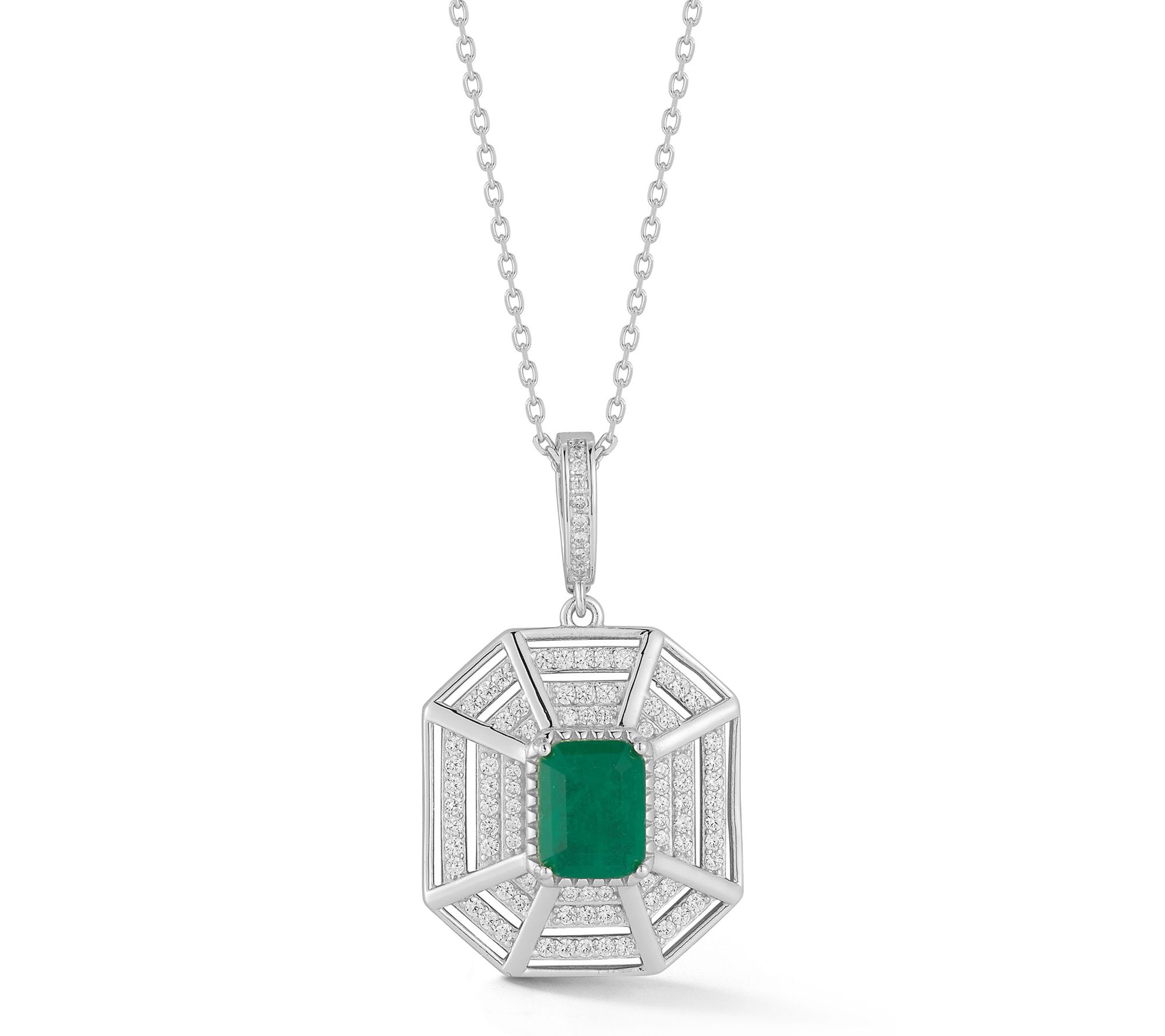 Rachel Zoe Green Pave Octagon Pendant w/ Chain,Sterling