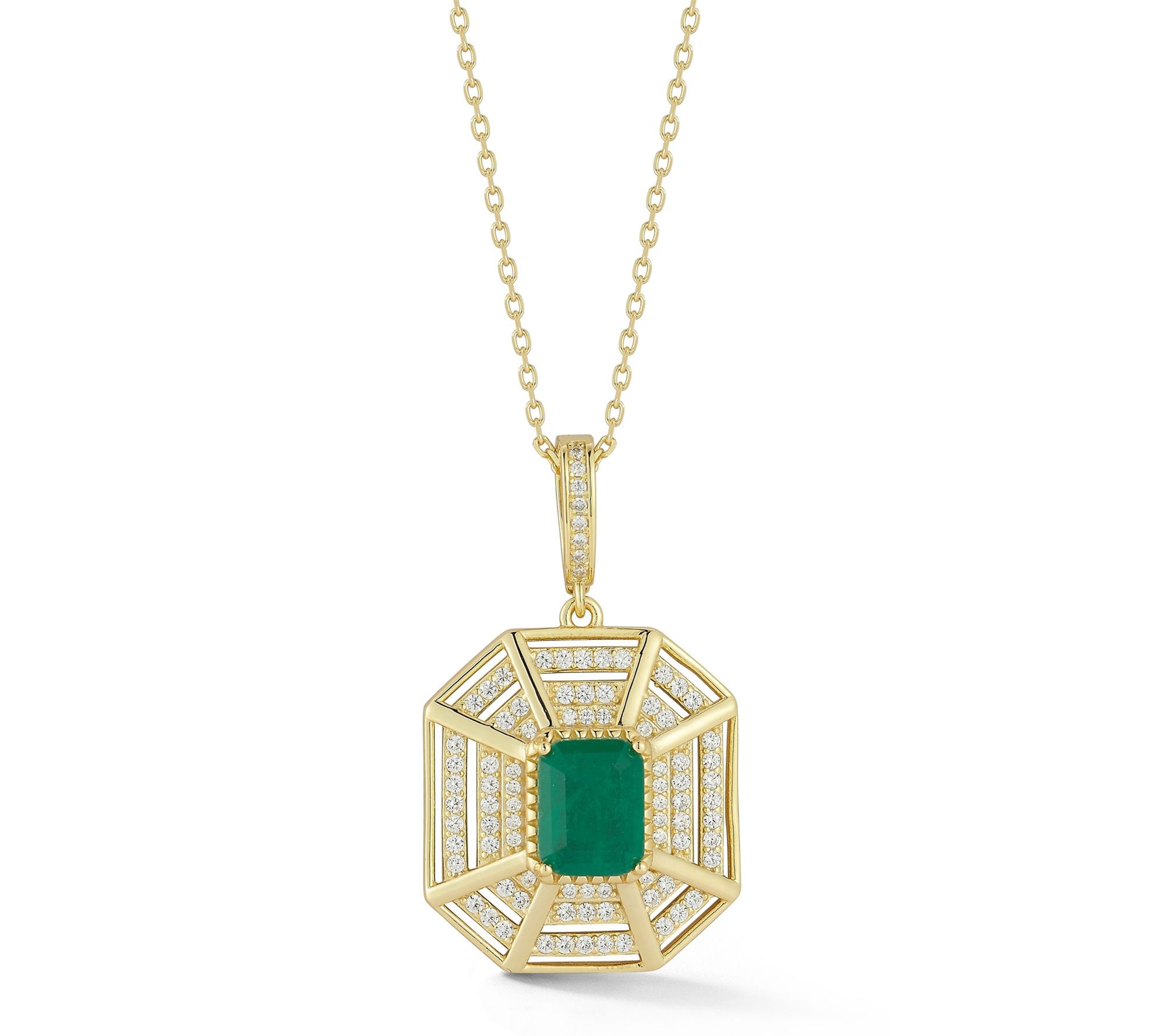 Rachel Zoe Green Pave Octagon Pendant w/ Chain,Sterling