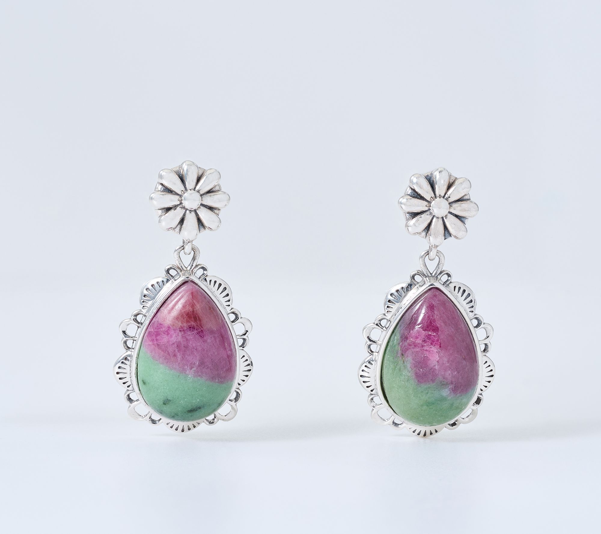 American West Sterling Silver Pear Gemstone Concha Drop Earrings