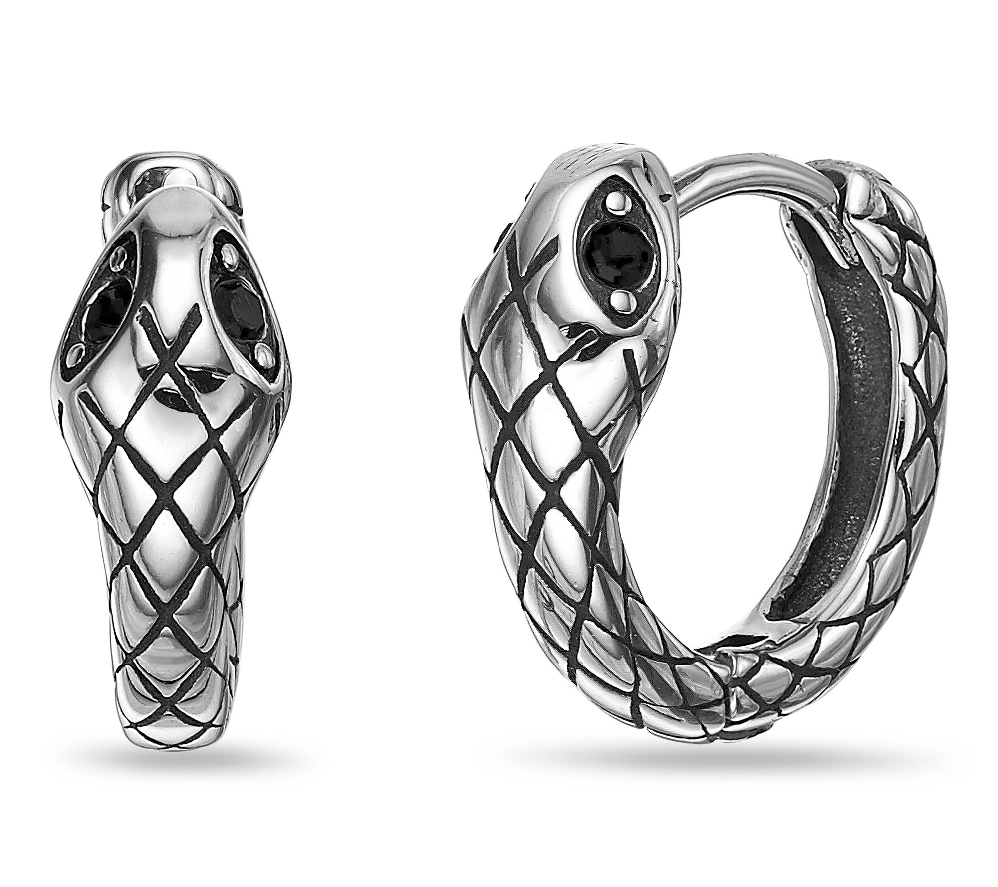 LYNX Men's Stainless Steel Black Spinel Snake Hoop Earrings
