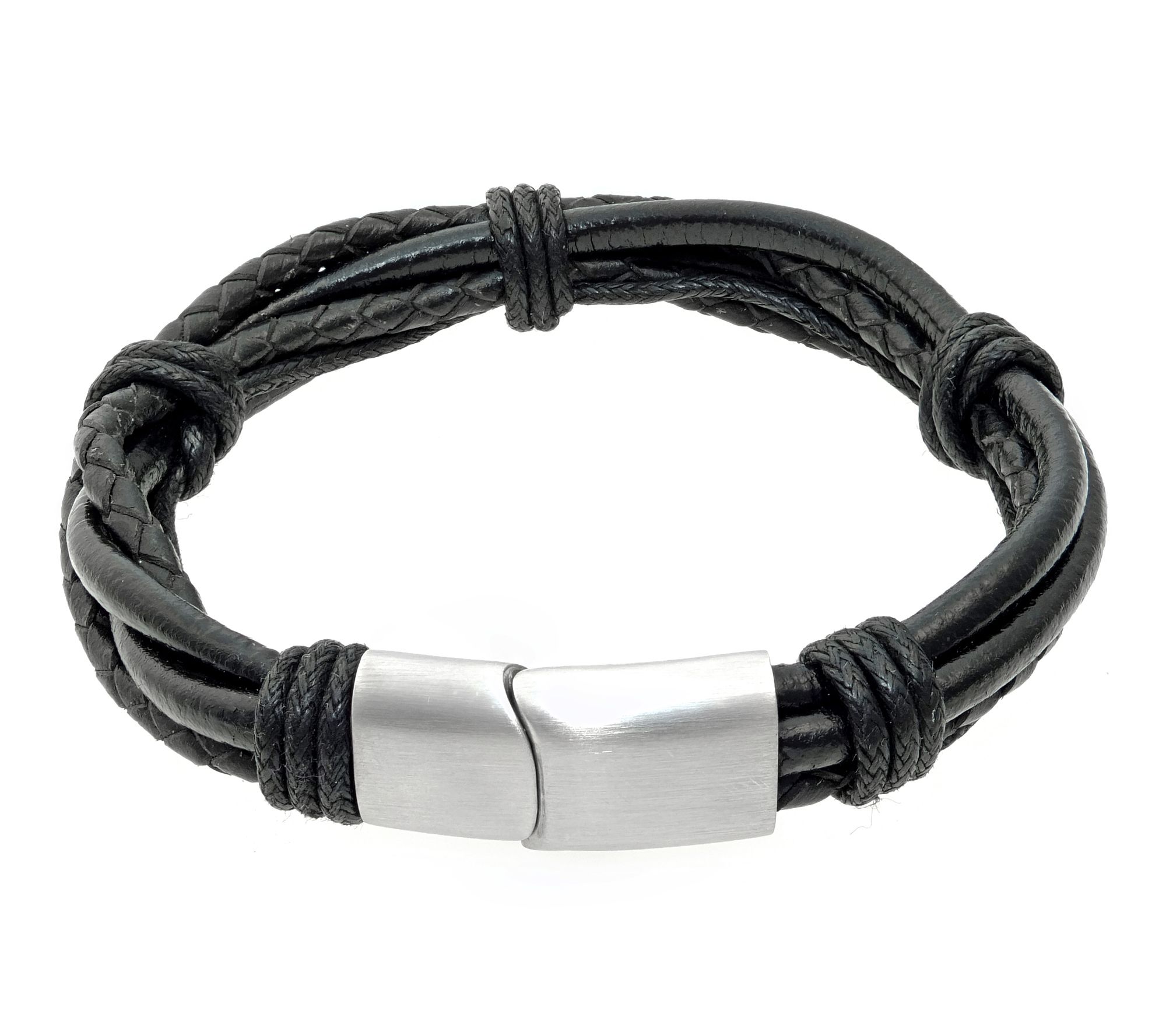 LYNX Men's Stainless Steel Black Leather Multi-Cord Bracelet
