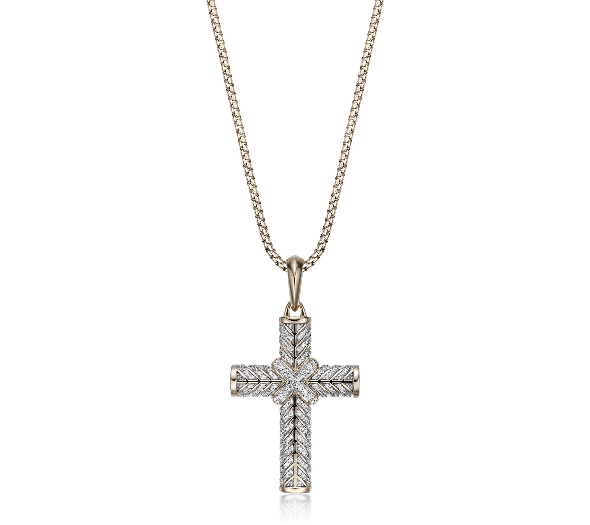 LYNX Men's Diamond Cross Pendant w/ Box Chain,14K Gold Plated