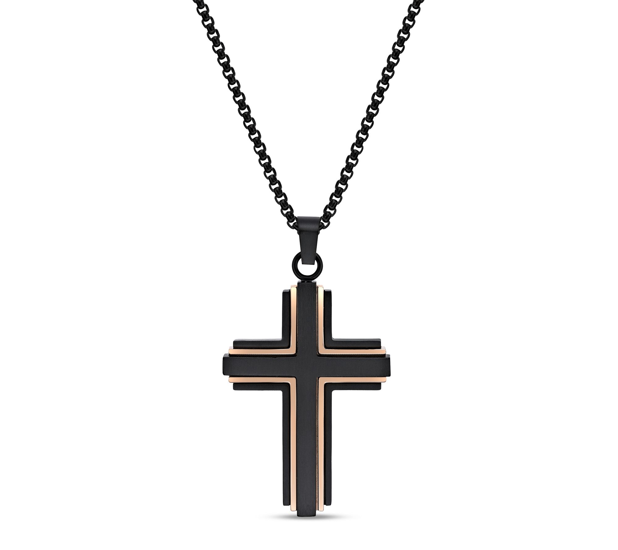 LYNX Men's Stainless Black & Rose IP Cross Pendant w/