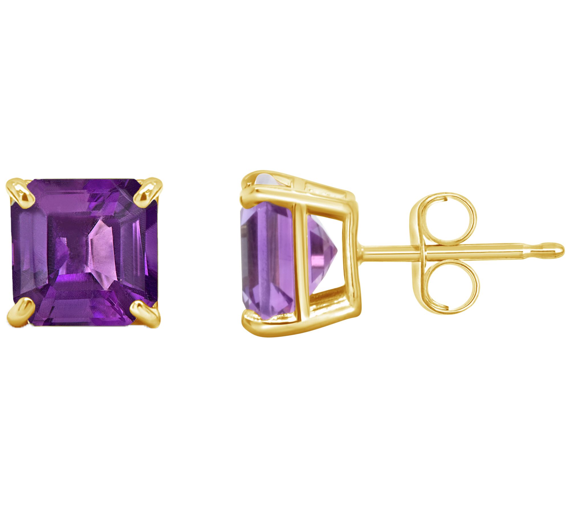 Asscher Cut Gemstone Stud Earrings, 14K Gold