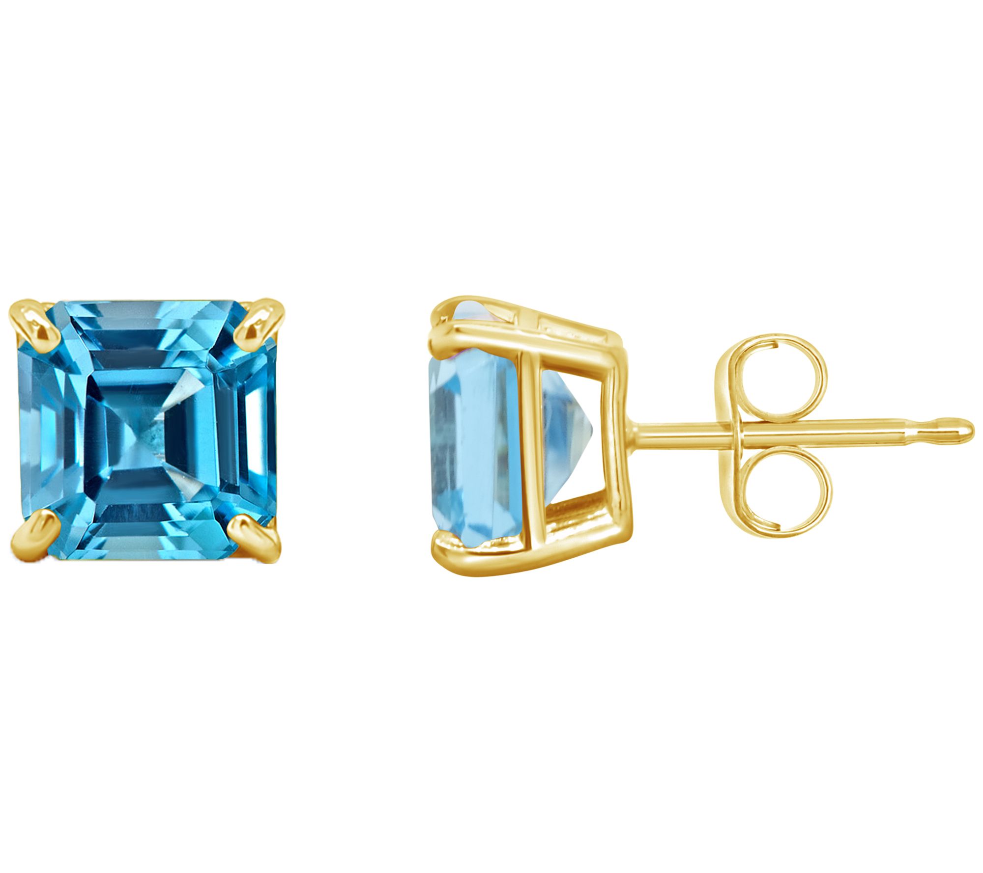 Asscher Cut Gemstone Stud Earrings, 14K Gold