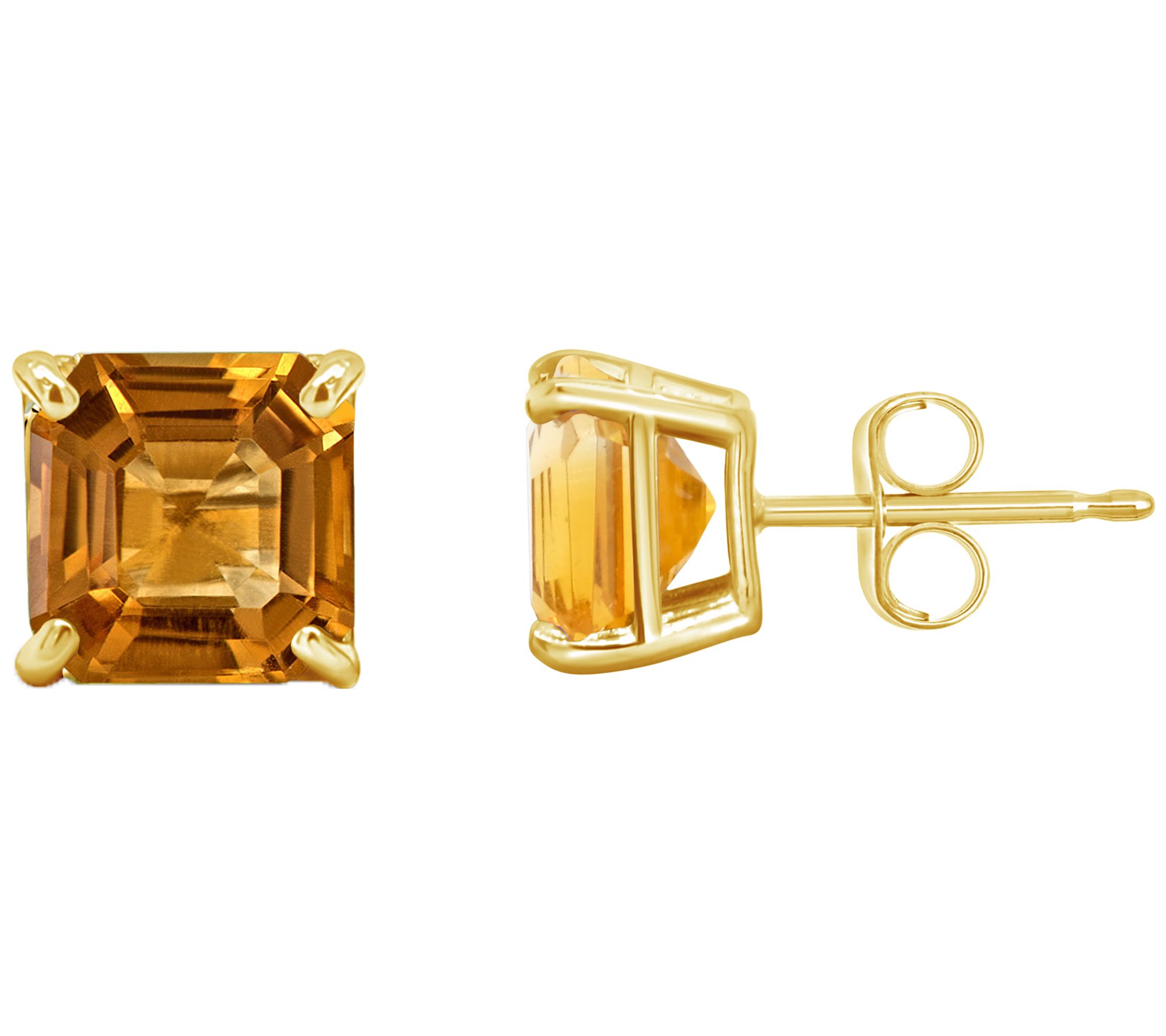 Asscher Cut Gemstone Stud Earrings, 14K Gold