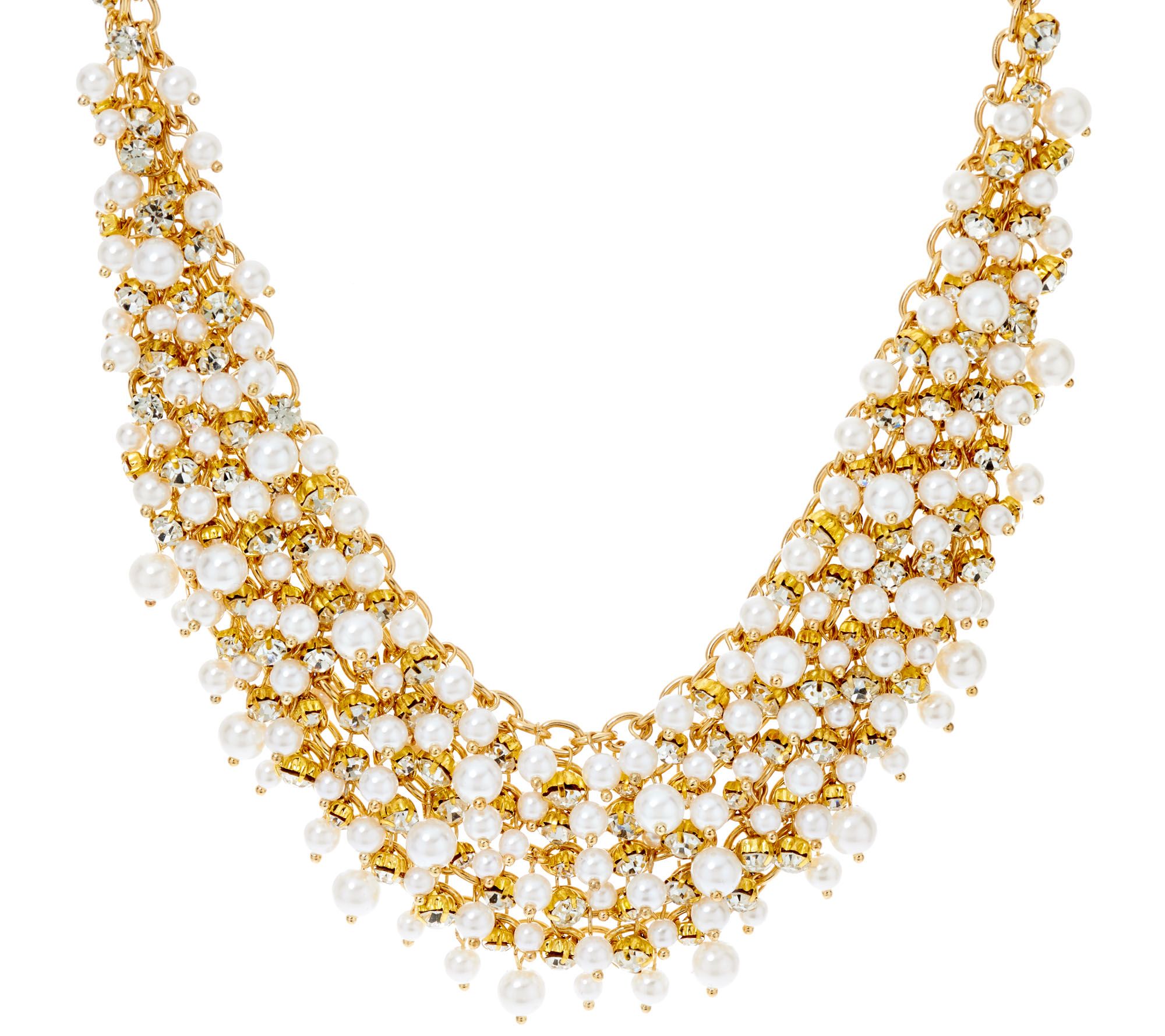 Crystal and Simulated Pearl Goldtone Bib Necklace - QVC.com