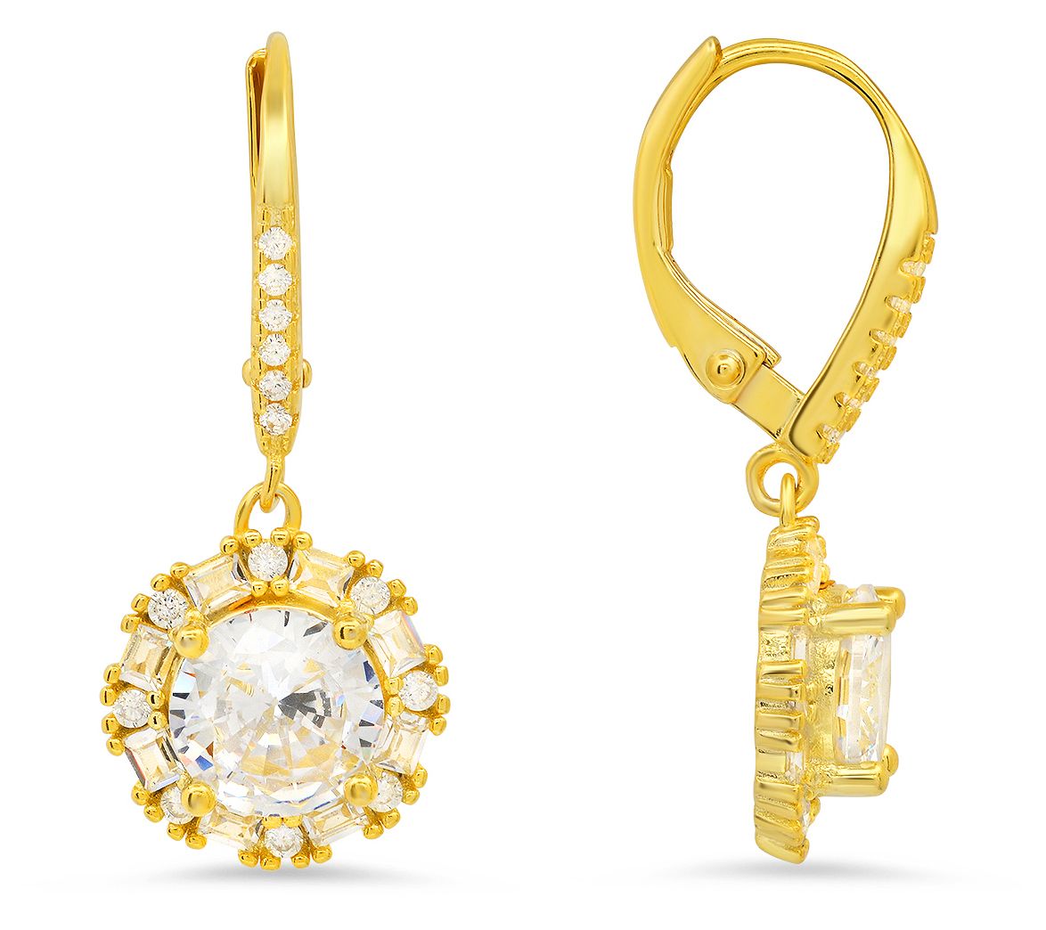 Sterling Silver Baguette Cut Halo Leverback Earrings