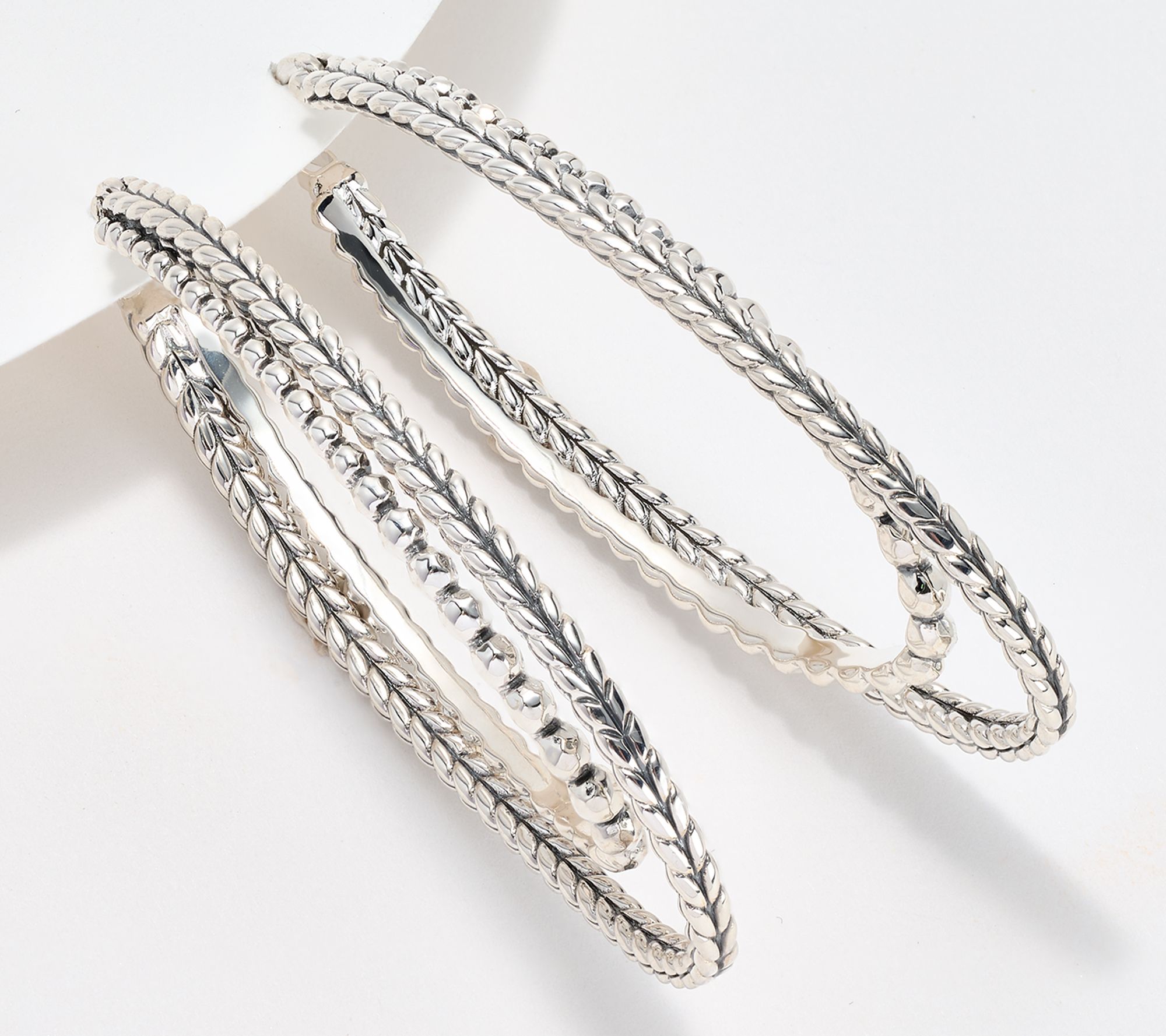 JAI Sterling Silver Hammered Bead & Basketweave 2" Hoops
