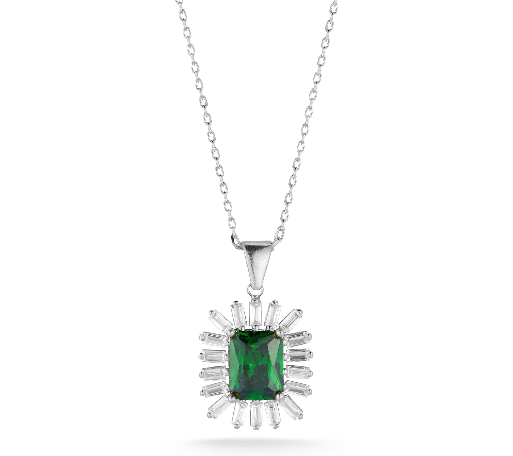 Sterlina Silver Green Emerald Cut Pendant w/ Chain, Sterling
